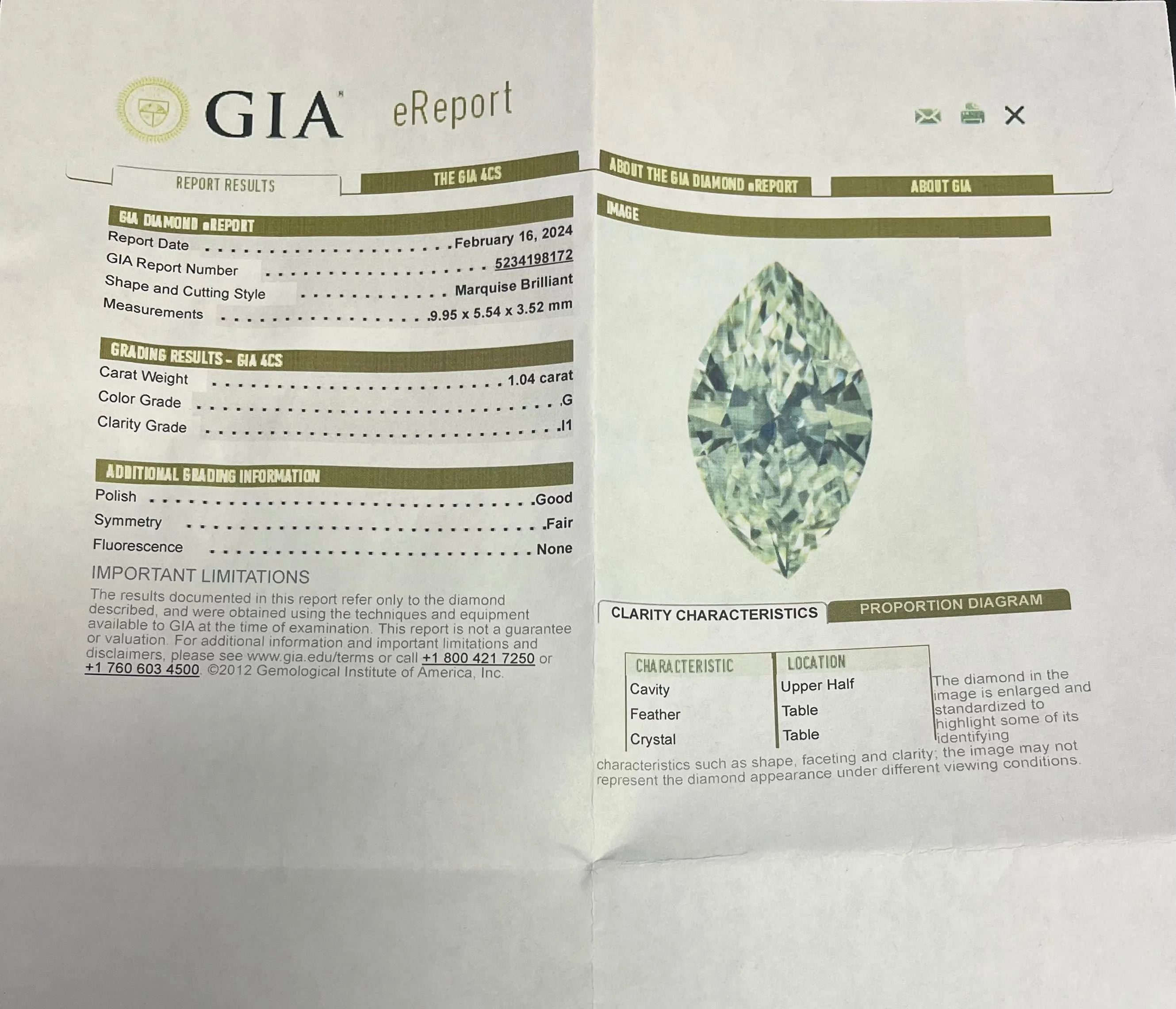 1.04CT G I1 MARQUISE BRILLIANT DIAMOND GIA CERTIFIED #5234198172