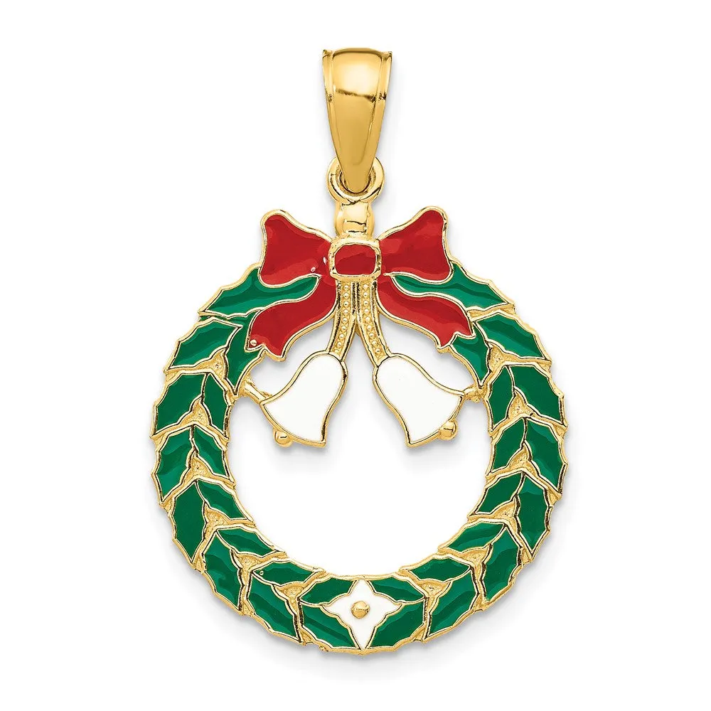 14k Enameled Christmas Wreath Pendant