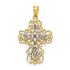 14K Two-tone Gold Polished 2 Level Filigree Cross Pendant