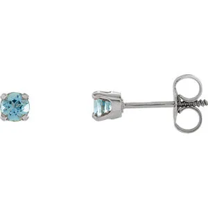 14K White 3 mm Round Aquamarine Youth Birthstone Earrings