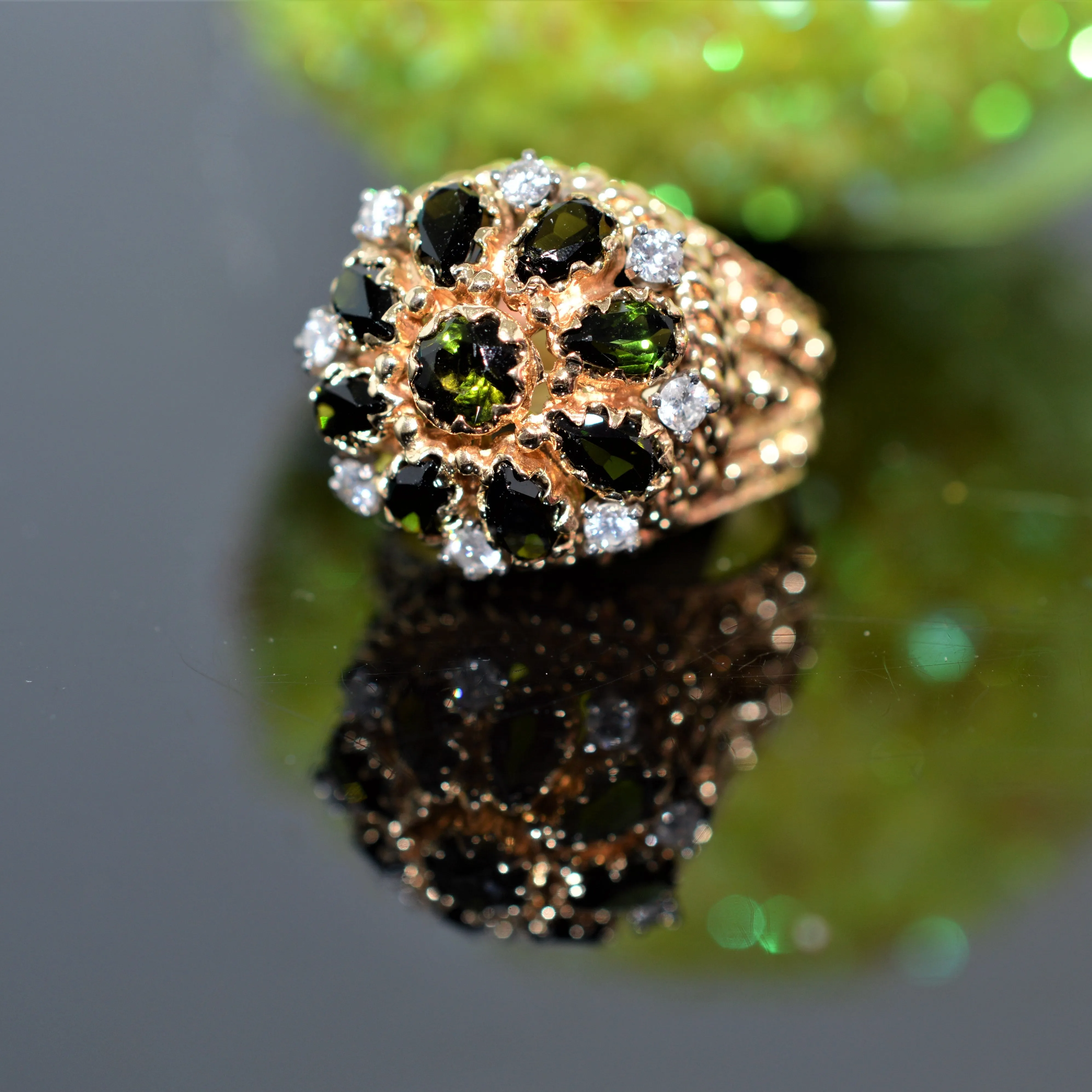 14K Yellow Gold Green Tourmaline and Diamond Ring