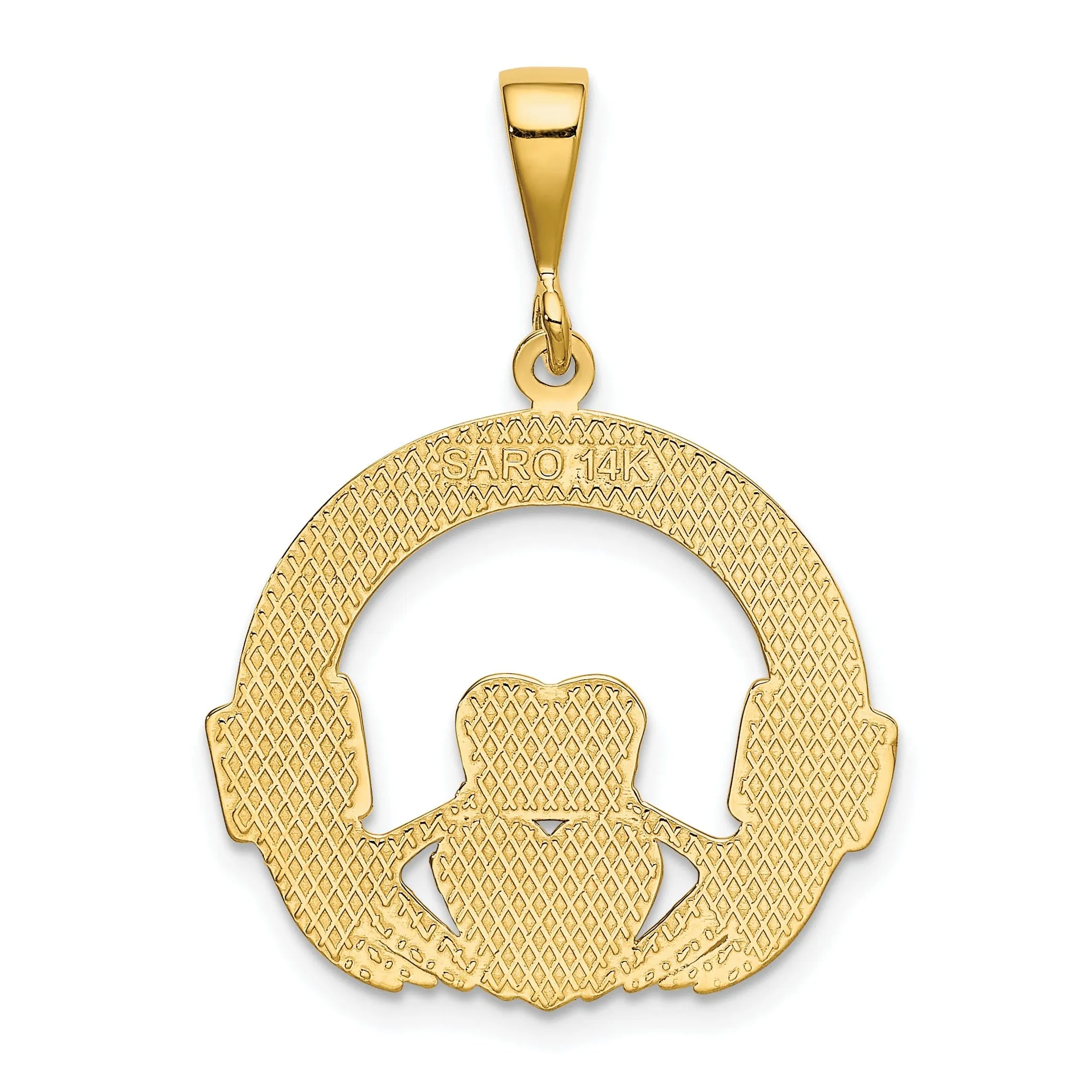 14k Yellow Gold Textured Back Solid Polished Finish Claddagh Design Charm Pendant