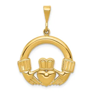 14k Yellow Gold Textured Back Solid Polished Finish Claddagh Design Charm Pendant