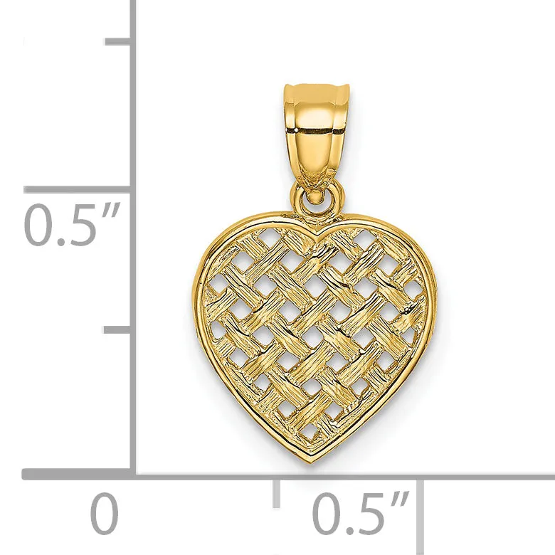 14k Yellow Gold Textured Woven Filigree Heart Design Pendant