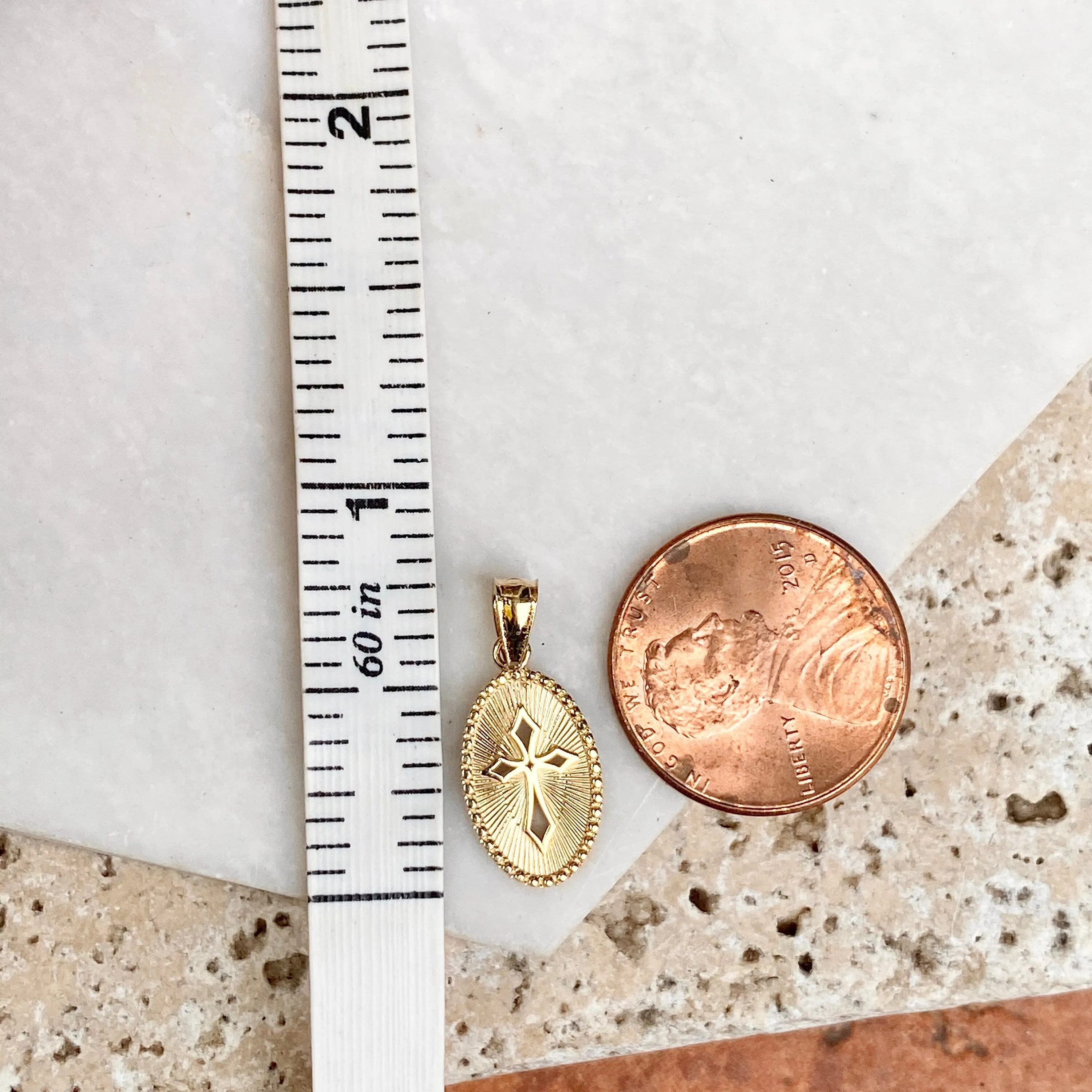 14KT Yellow Gold Oval Textured Cut-Out Cross Pendant Charm