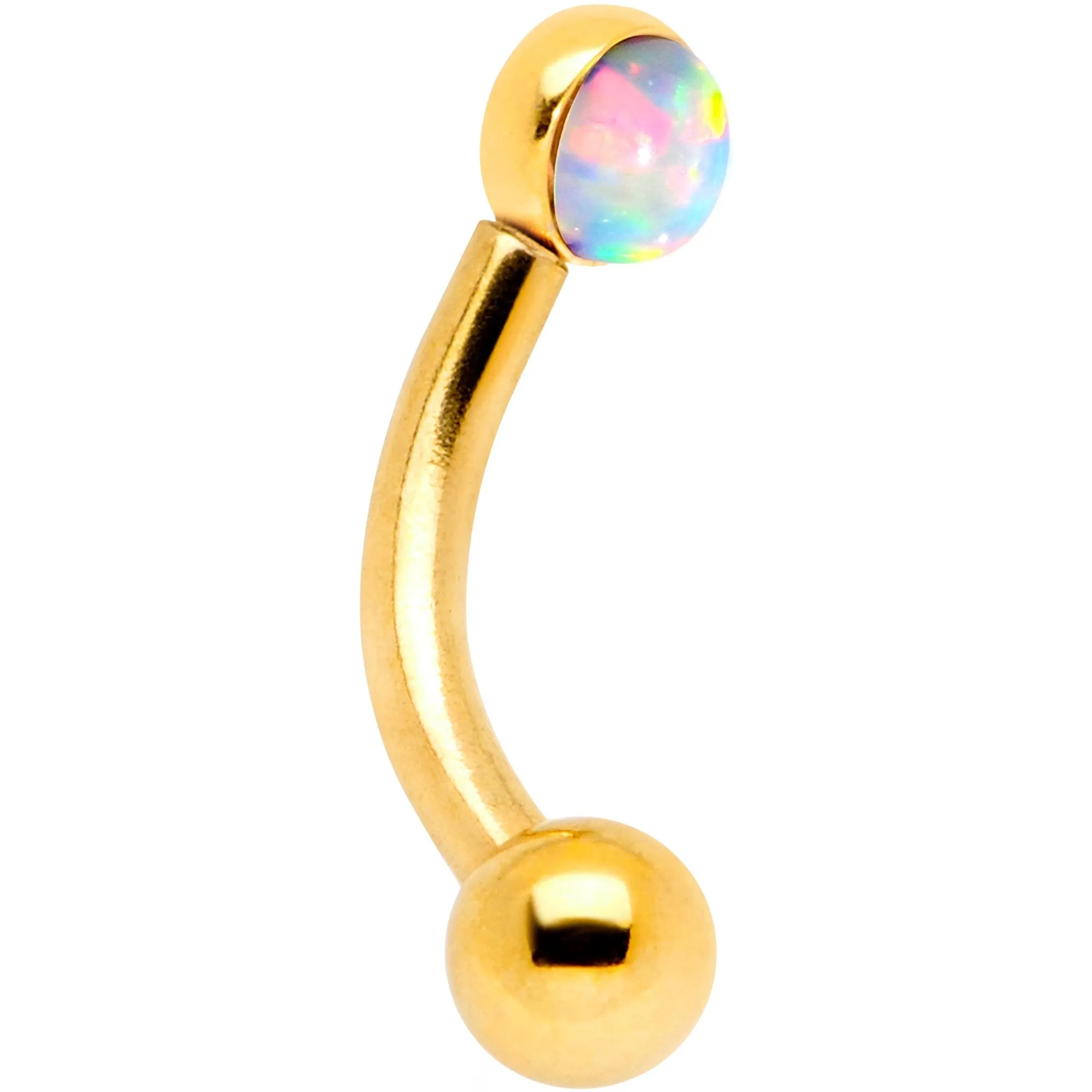 16 Gauge 1/4 White Synthetic Opal Flat Set Gold IP Curved Eyebrow Rook Piercing