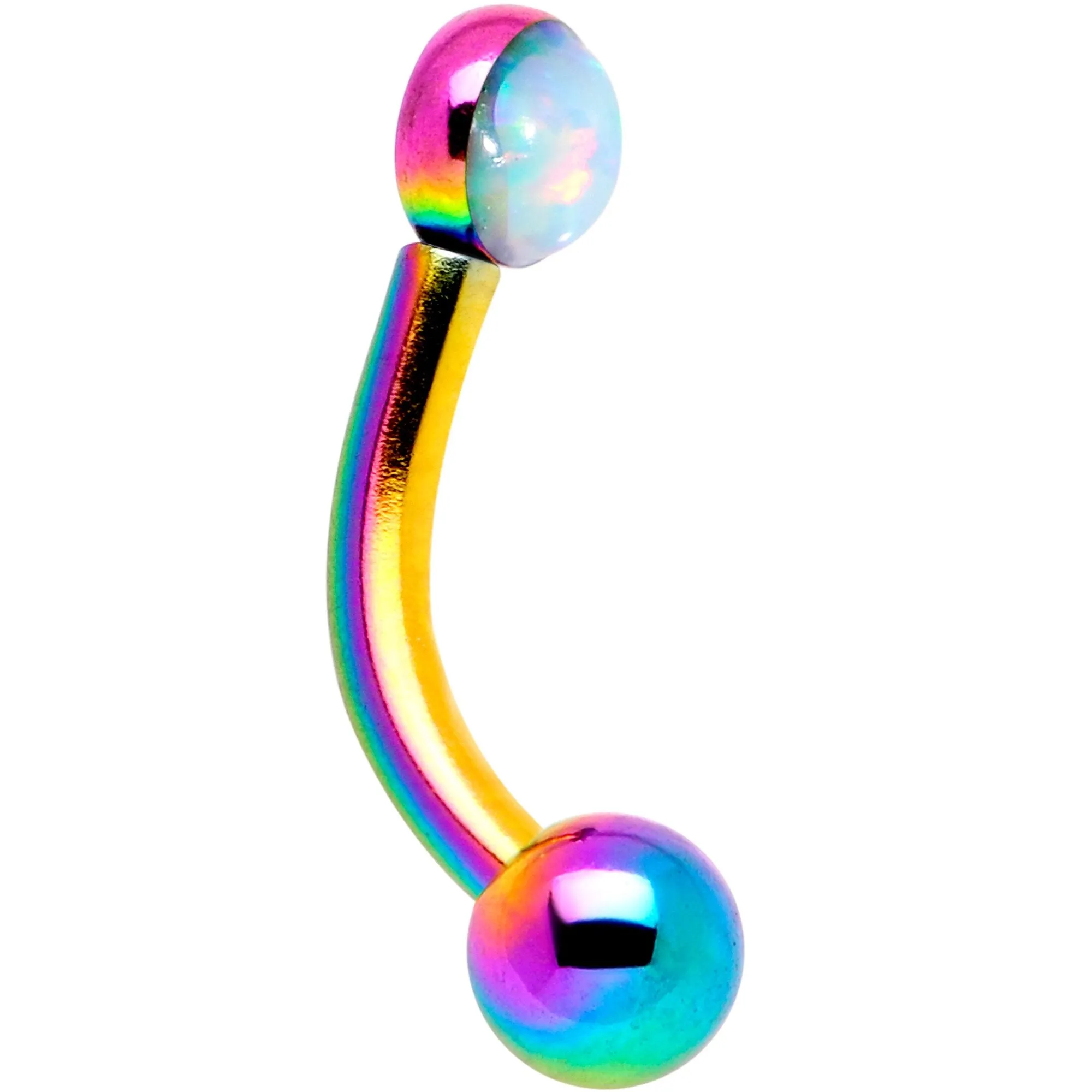 16 Gauge 1/4 White Synthetic Opal Flat Set Rainbow IP Curved Eyebrow Rook Piercing