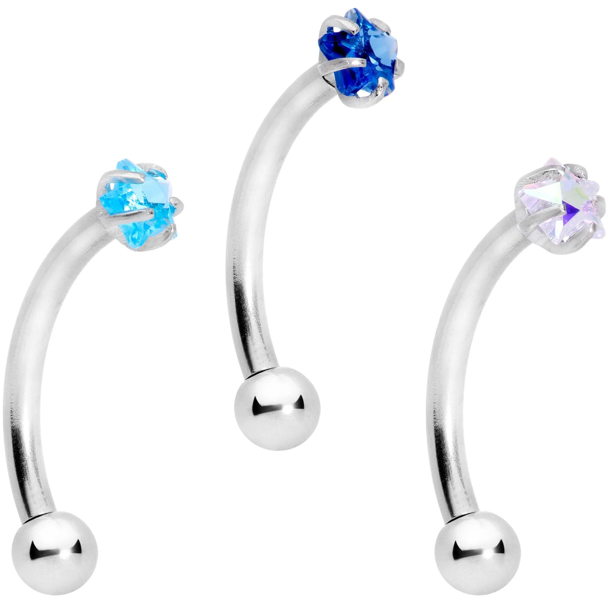 16 Gauge 3/8 Blues Clear CZ Star Gem Curved Eyebrow Ring Set of 3