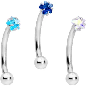 16 Gauge 3/8 Blues Clear CZ Star Gem Curved Eyebrow Ring Set of 3
