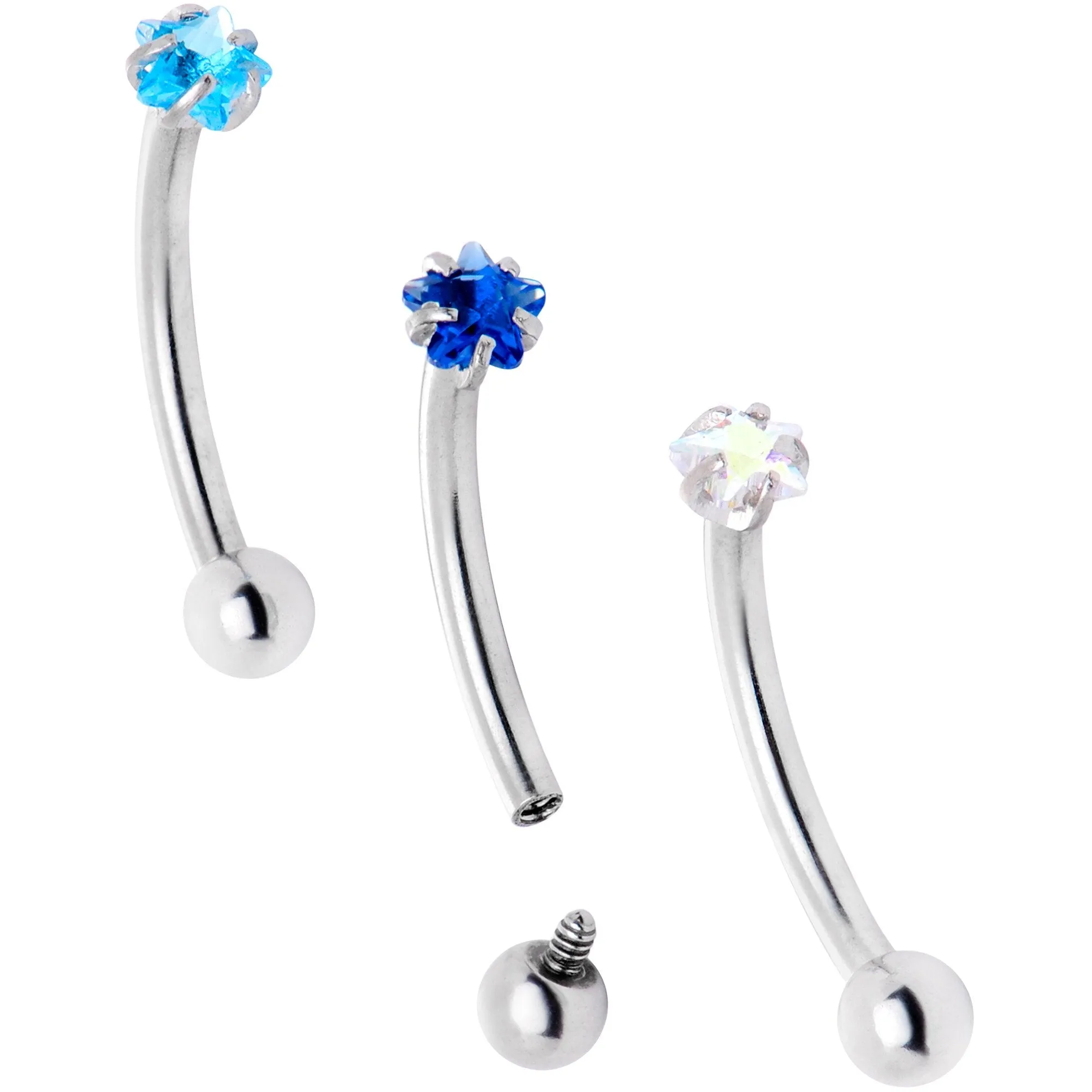 16 Gauge 3/8 Blues Clear CZ Star Gem Curved Eyebrow Ring Set of 3