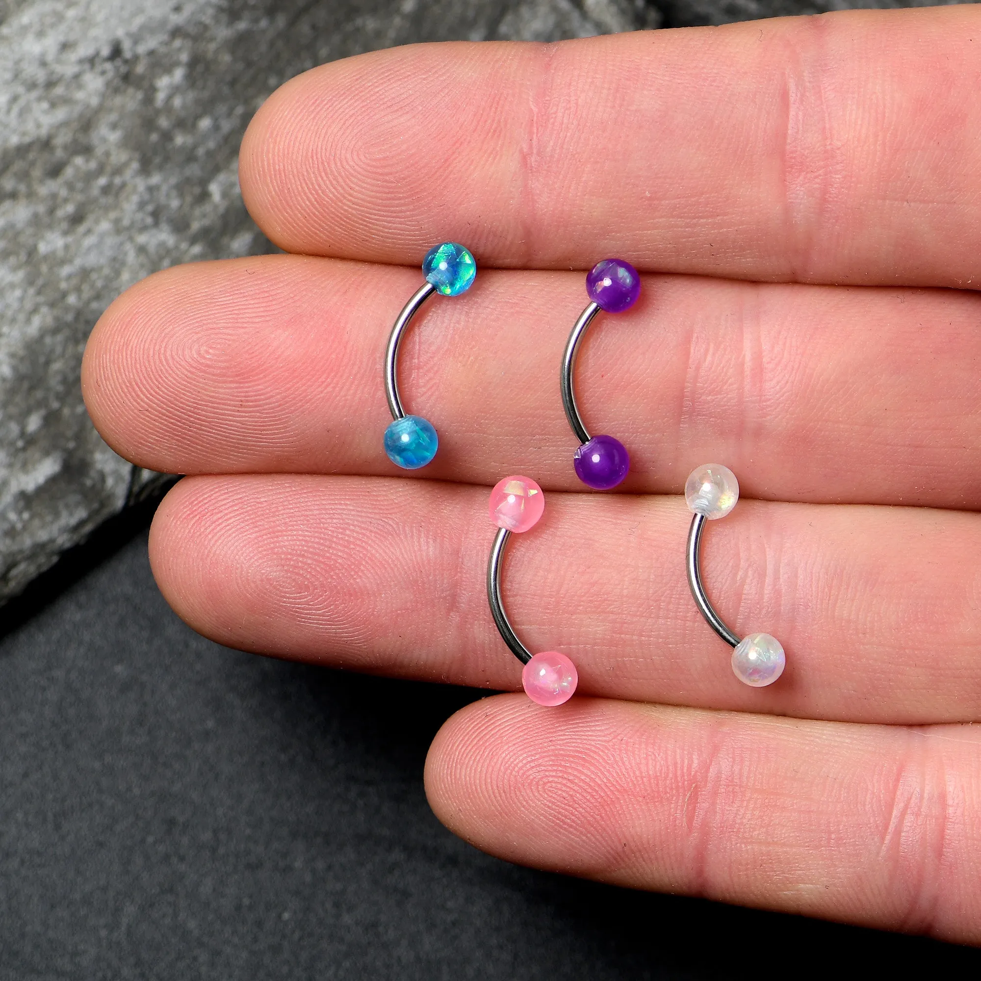 16 Gauge 3/8 Pink White Purple Faux Opal PackCurved Eyebrow Ring Set of 4