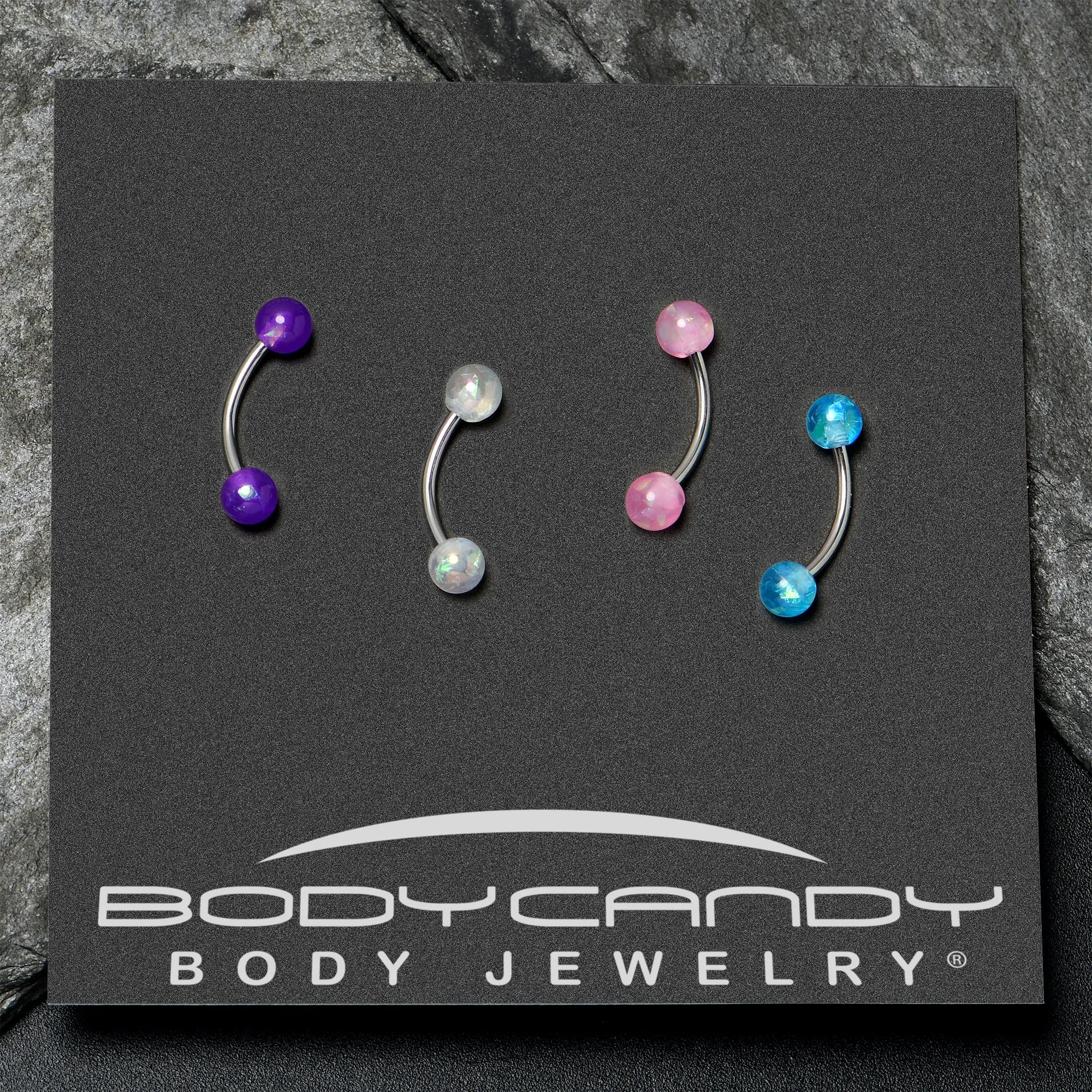 16 Gauge 3/8 Pink White Purple Faux Opal PackCurved Eyebrow Ring Set of 4