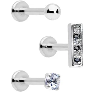 16 Gauge 5/16 Clear Black CZ Bar Internally Threaded Labret Set of 3