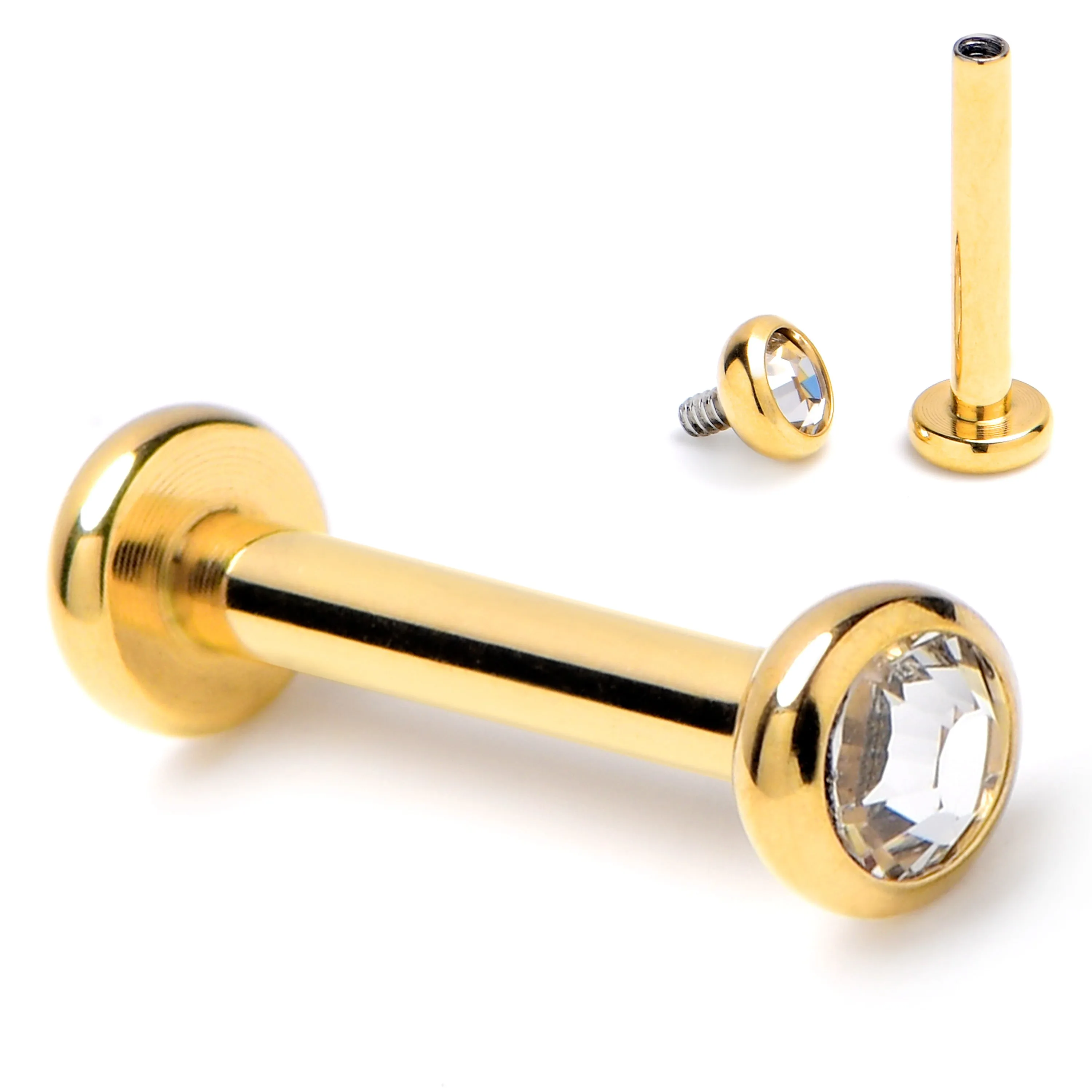 16 Gauge 5/16 Clear CZ Gem Gold Hue  ASTM F-136 Implant Grade Titanium Internally Threaded Labret