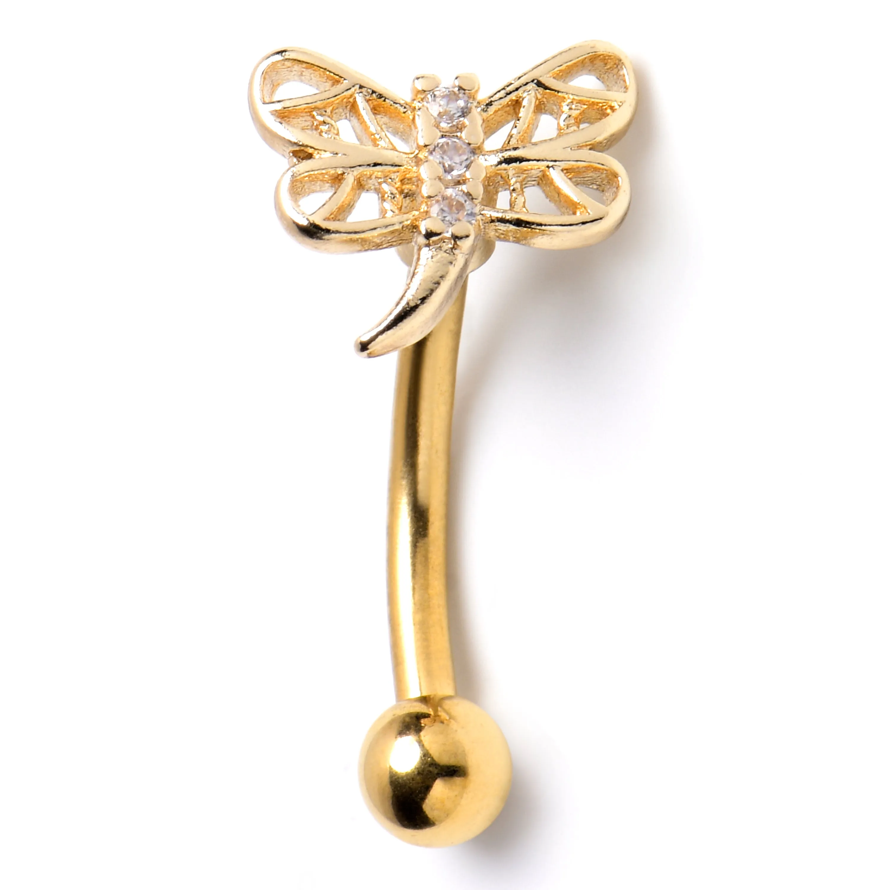 16 Gauge 5/16 Clear Gem Gold Tone Filigree Dragonfly Curved Eyebrow Ring