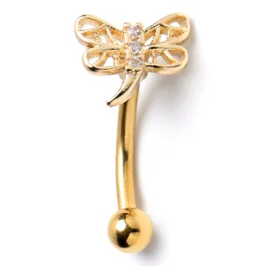 16 Gauge 5/16 Clear Gem Gold Tone Filigree Dragonfly Curved Eyebrow Ring