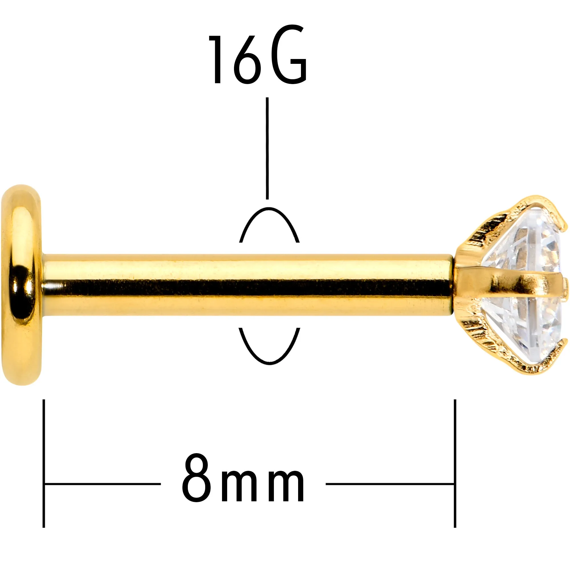 16 Gauge 5/16 Clear Gem Gold Tone Round Internal Thread Labret Tragus