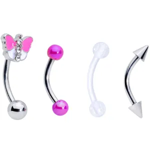 16 Gauge 5/16 Clear Gem Pink UV Butterfly Curved Eyebrow Ring Set of 4