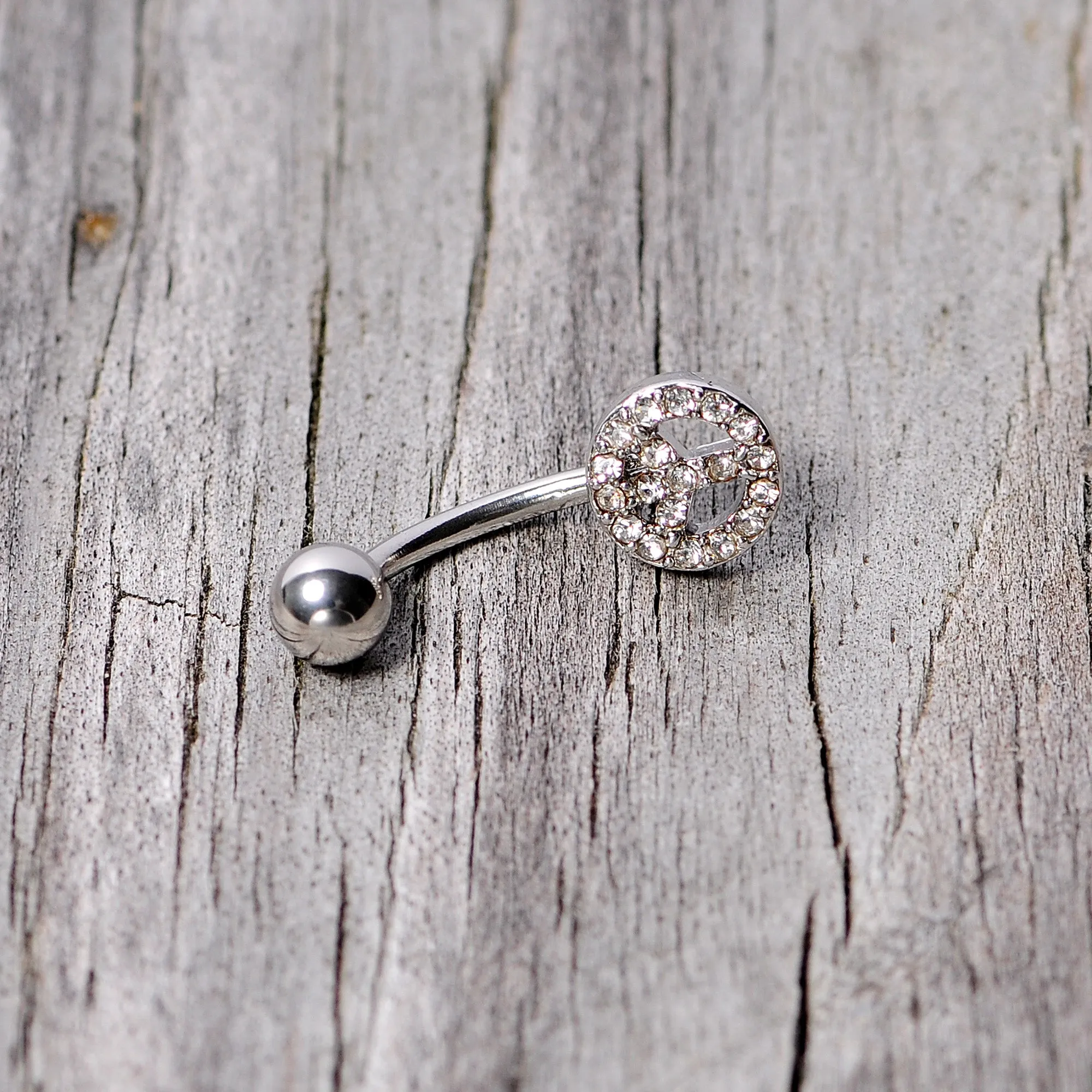 16 Gauge 5/16 Clear Gem Retro Peace Sign Curved Eyebrow Ring