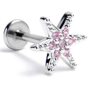 16 Gauge 5/16 Pink CZ Gem Internally Threaded Lavish Star Labret Tragus