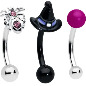 16 Gauge 5/16 Pink Gem Black Spider Witch Curved Eyebrow Ring Set of 3