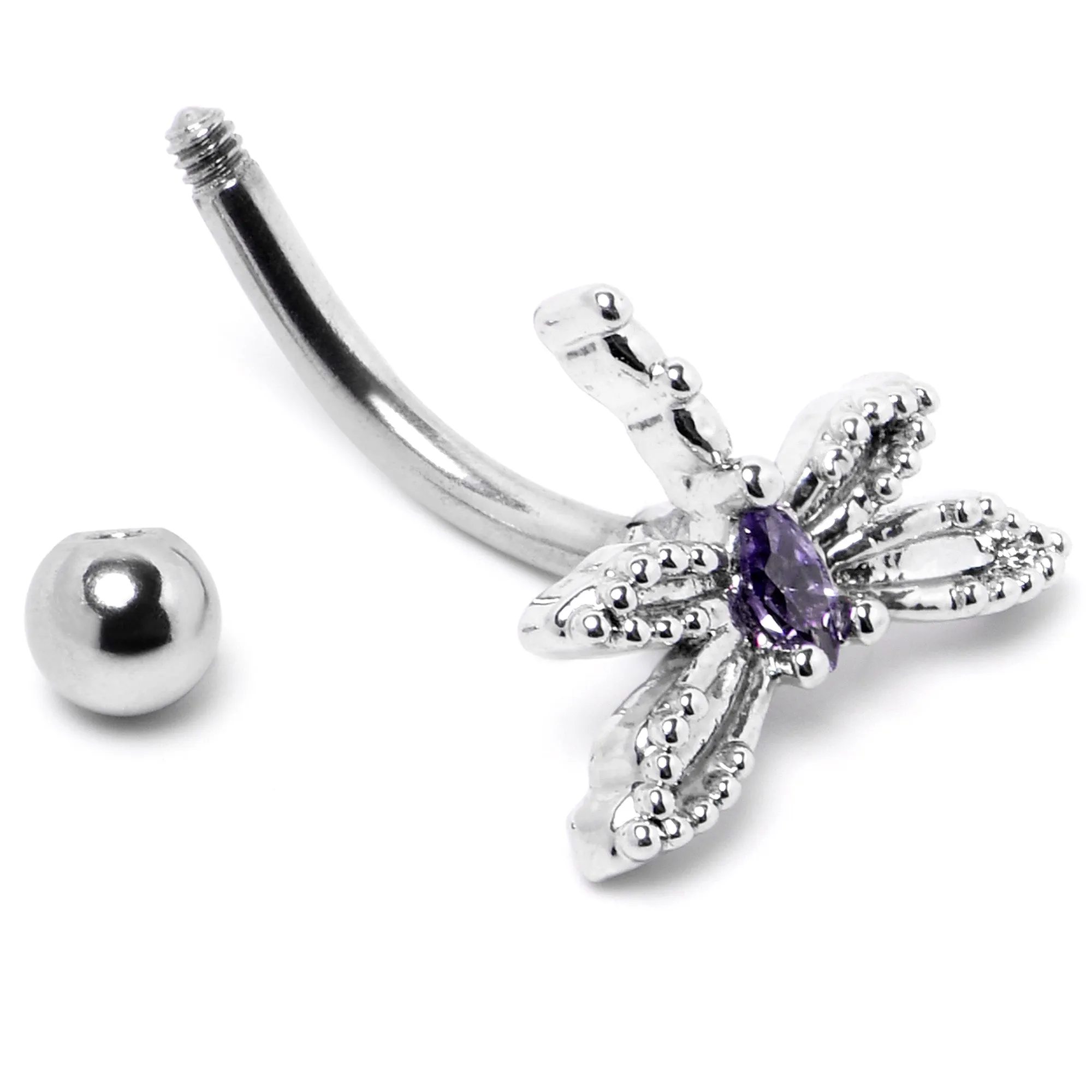 16 Gauge 5/16 Purple CZ Gem Open Dragonfly Curved Eyebrow Ring