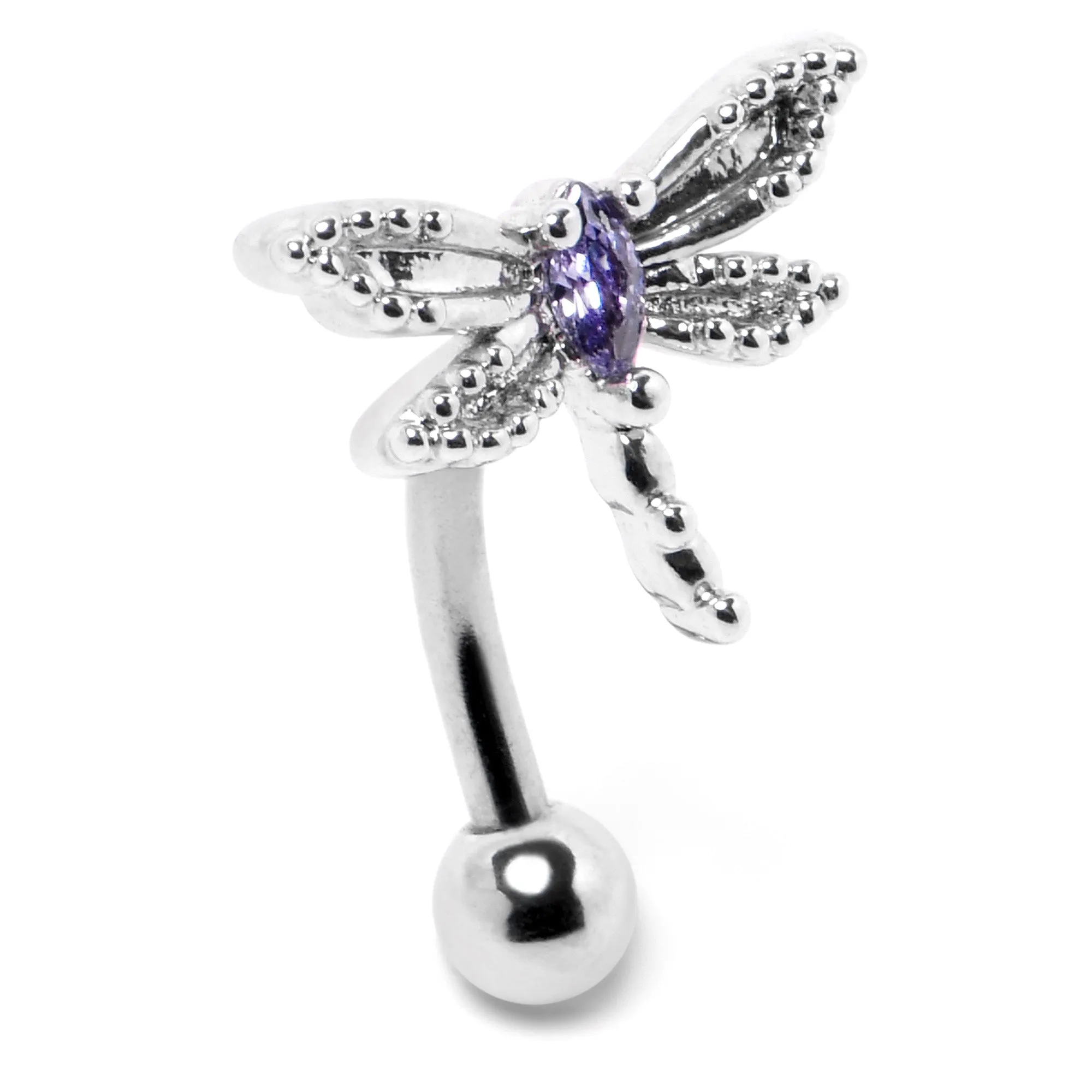 16 Gauge 5/16 Purple CZ Gem Open Dragonfly Curved Eyebrow Ring