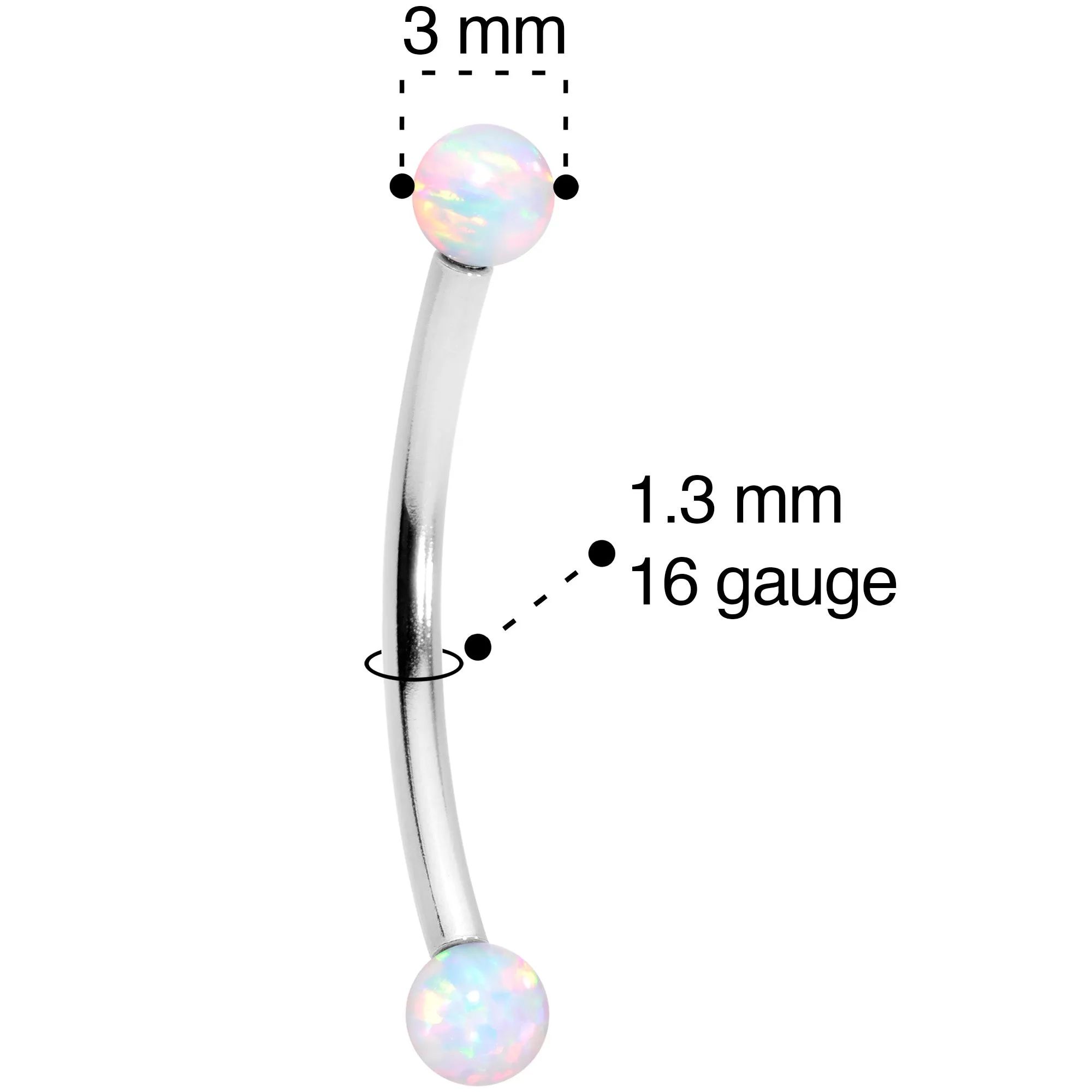 16 Gauge 9/16 3mm White Synthetic Opal Curved Barbell