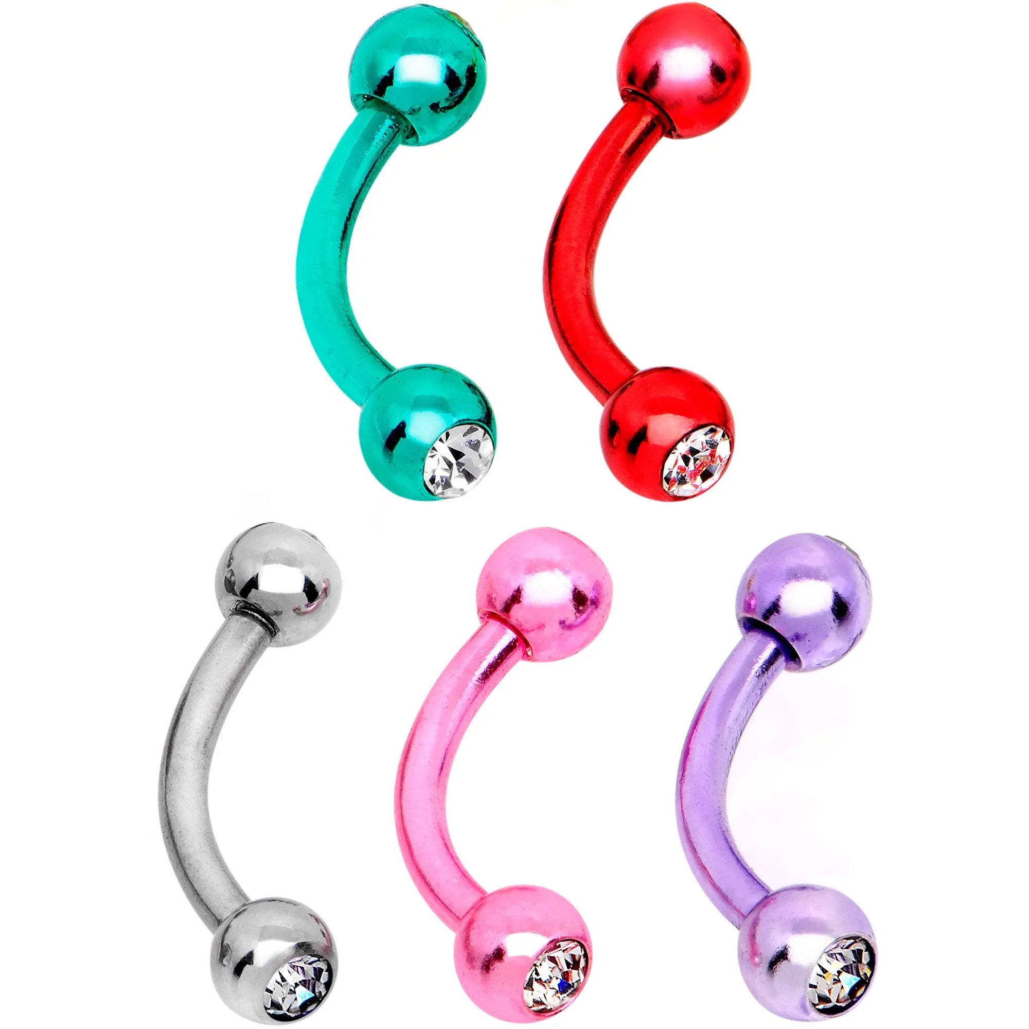 16 Gauge CZ Color Plated Internally Threaded Curved Eyebrow Ring 6 Pack Set