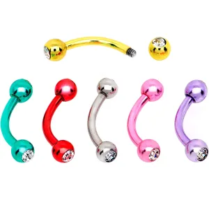 16 Gauge CZ Color Plated Internally Threaded Curved Eyebrow Ring 6 Pack Set