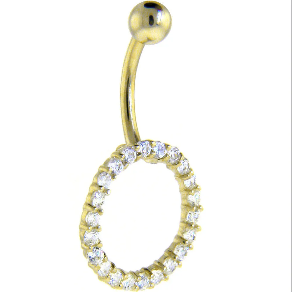 16 Gauge Solid 14kt Yellow Gold Clear CZ Gem Gather Round Belly Ring