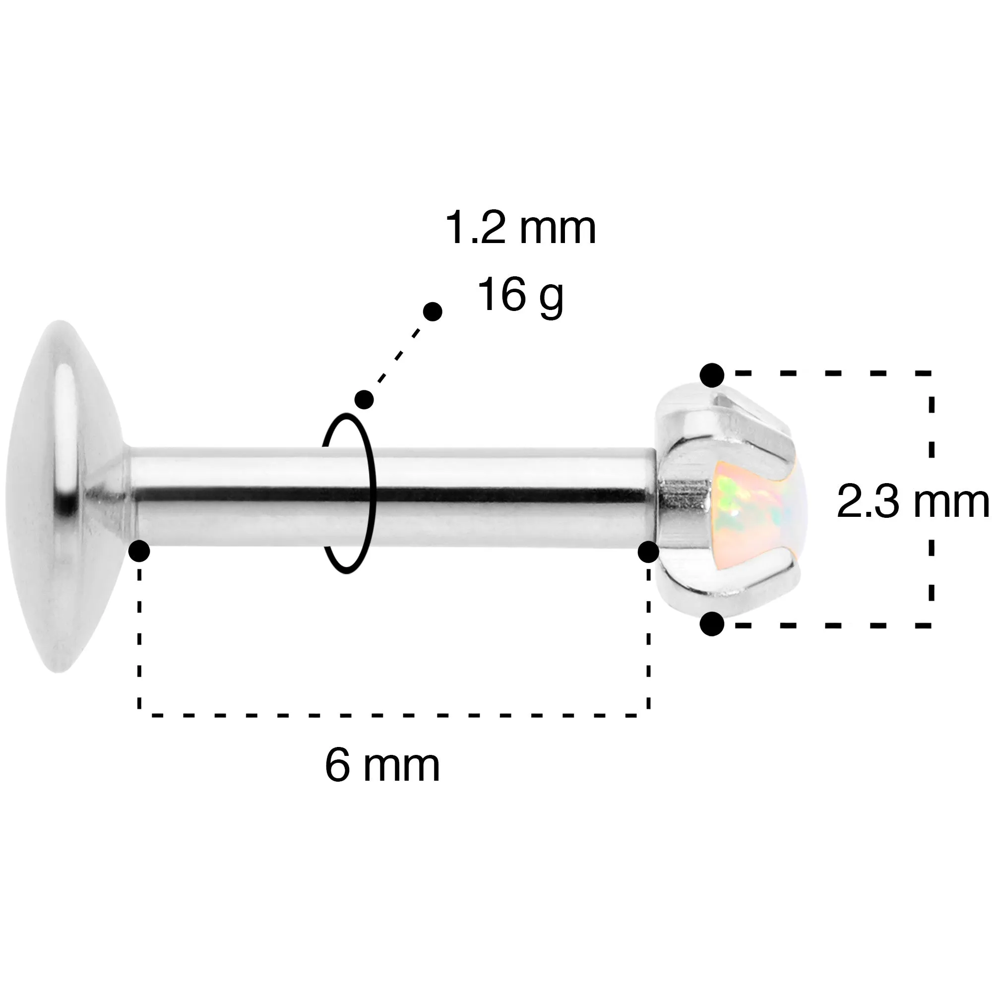 16G 1/4 2mm White Syn Opal G23 Titanium Internal Thread Labret