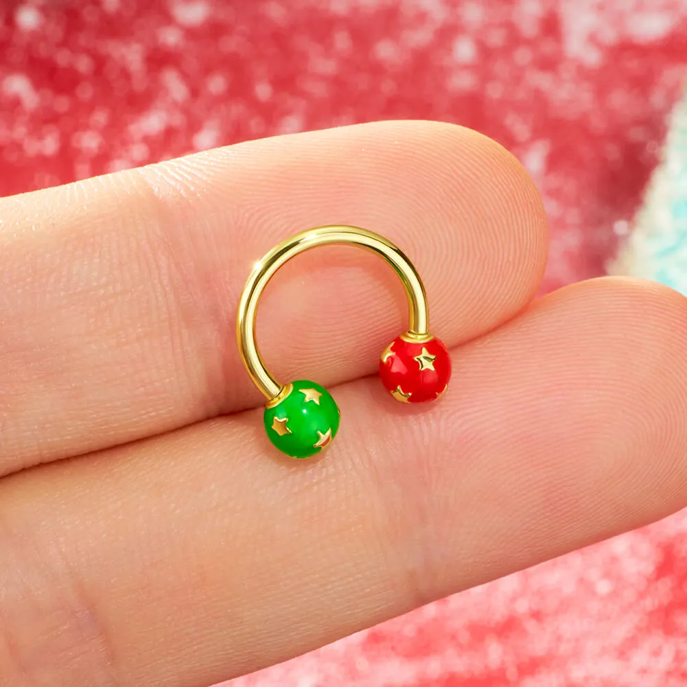 16G Internally Threaded Christmas Baubles Star Pattern Horseshoe Septum Ring