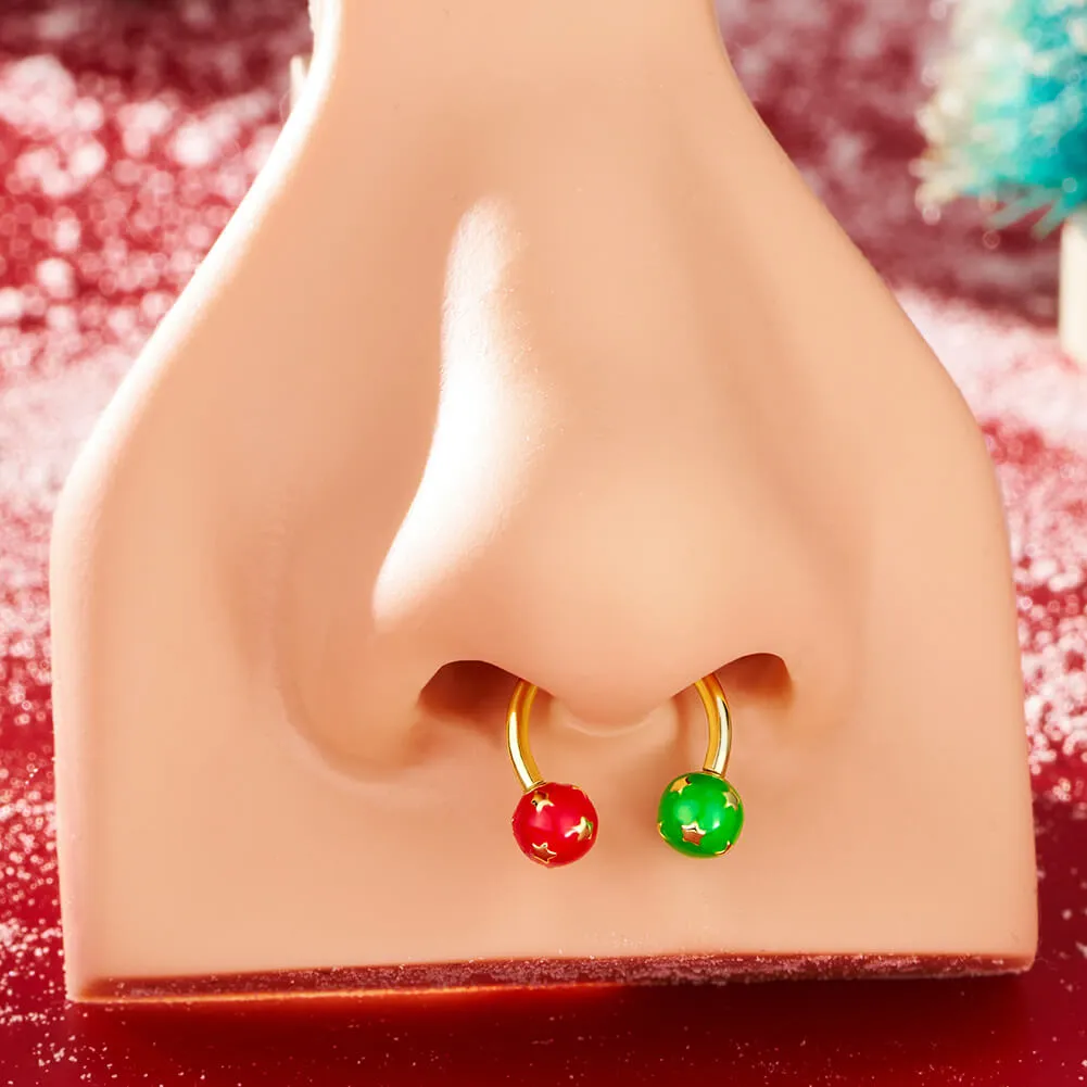 16G Internally Threaded Christmas Baubles Star Pattern Horseshoe Septum Ring