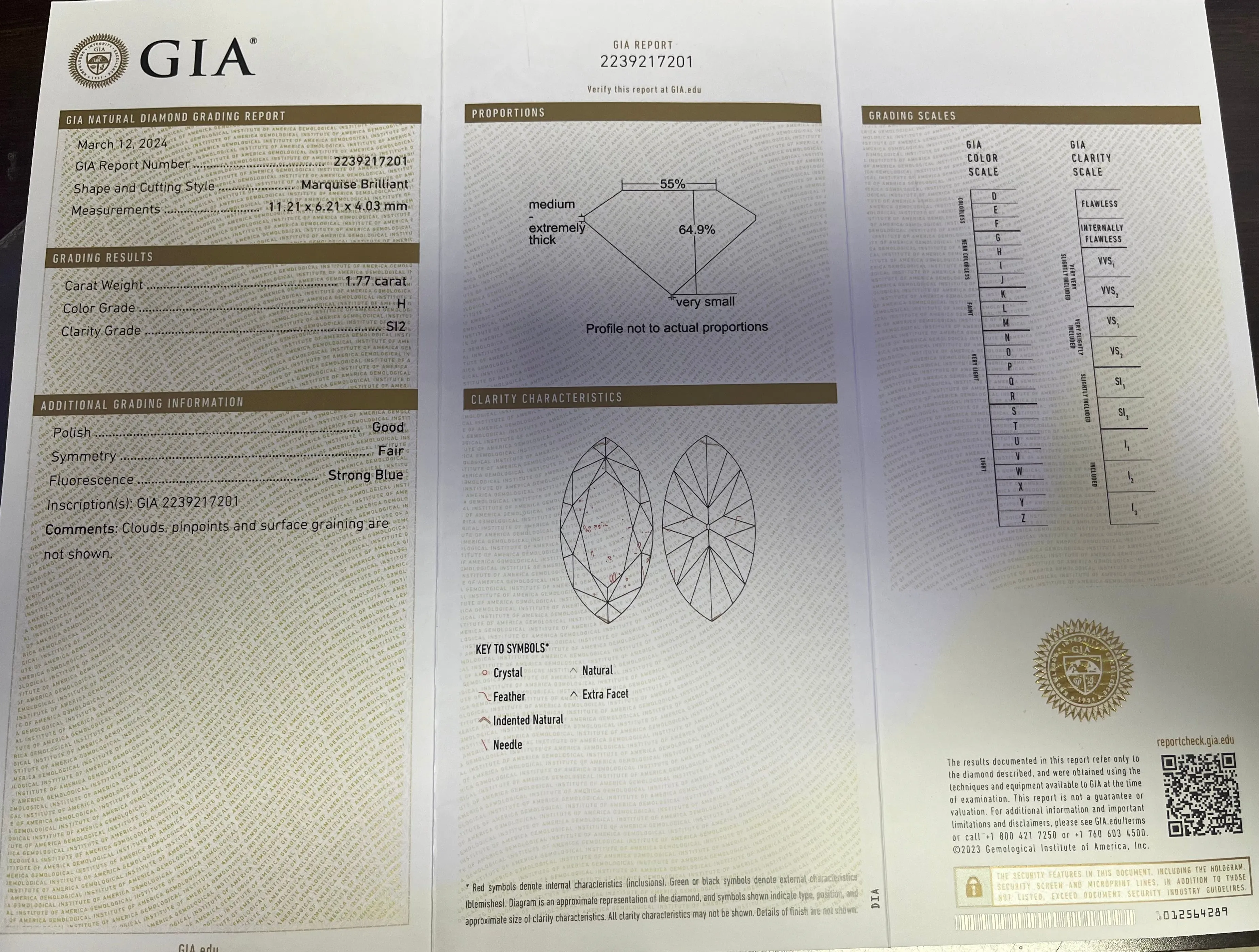 1.77CT MARQUISE H SI2 GOOD CERTIFIED BY GIA #2239217201