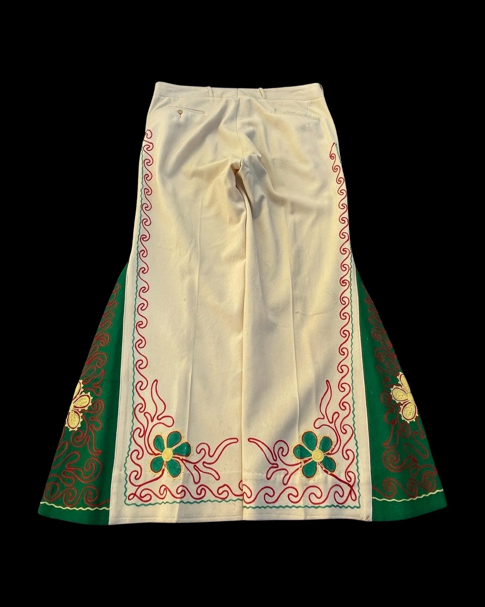 1930s Custom Made Floral Motif Chain Stitched Kick Flare Wool Pants