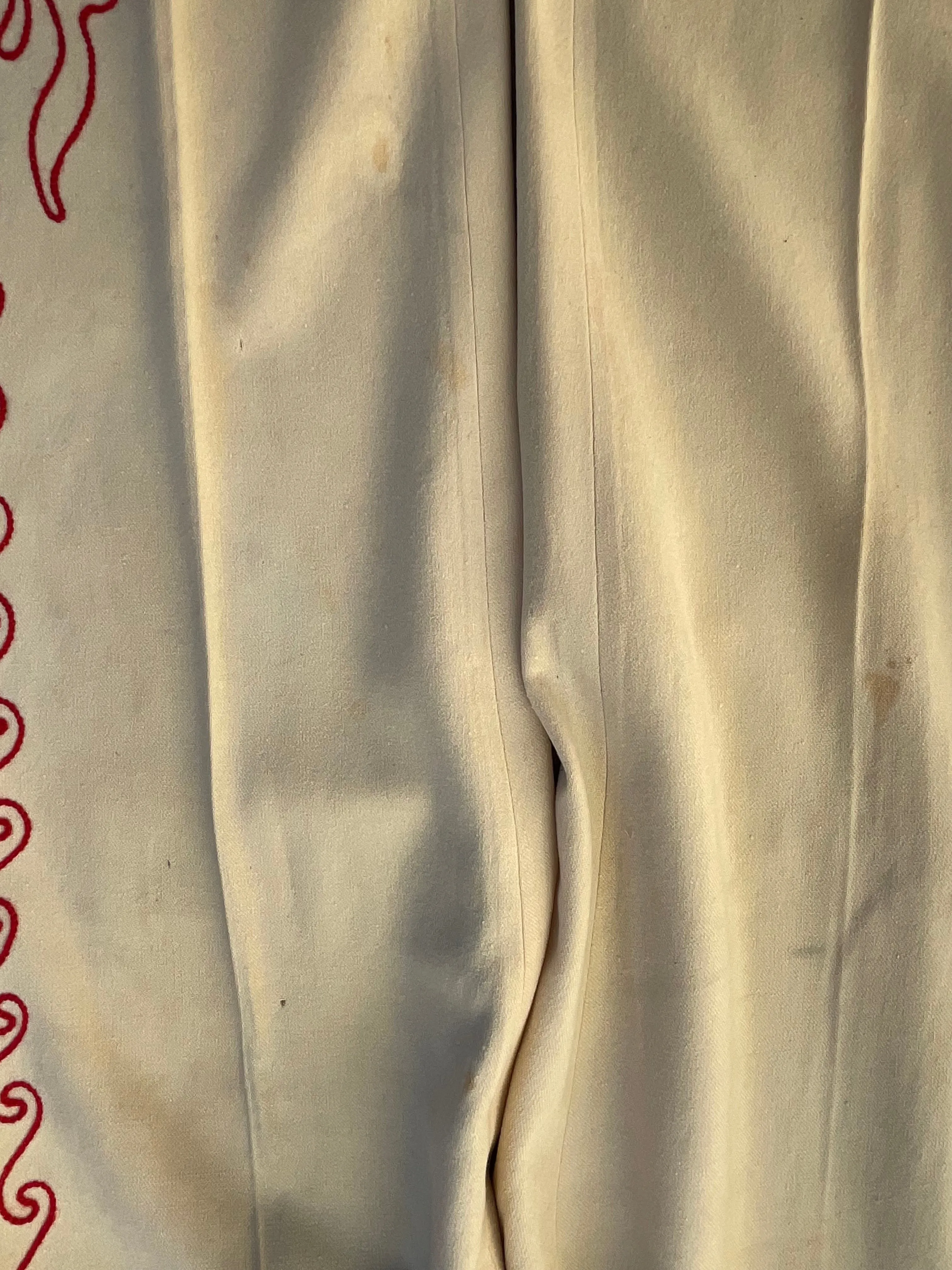 1930s Custom Made Floral Motif Chain Stitched Kick Flare Wool Pants