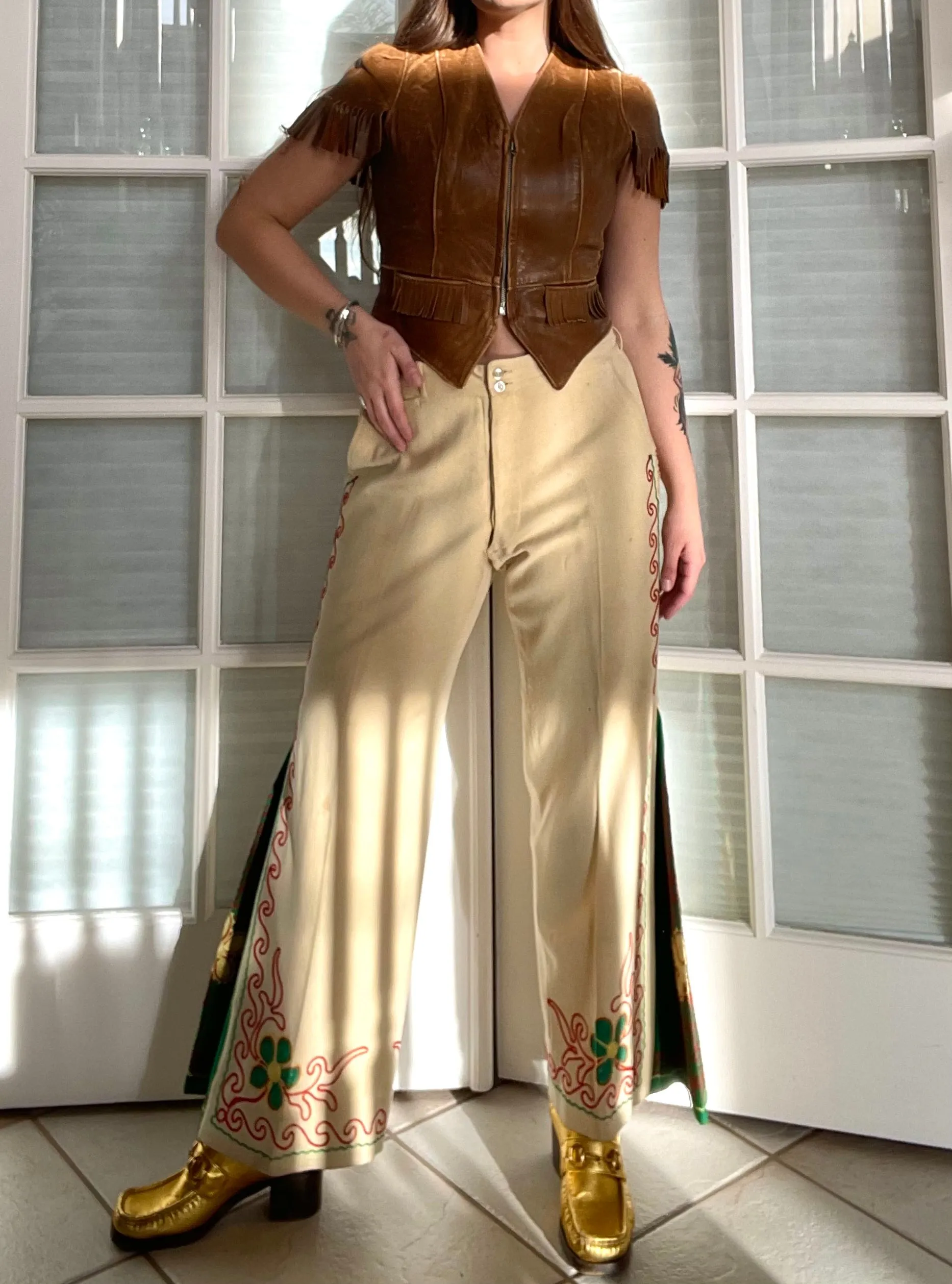 1930s Custom Made Floral Motif Chain Stitched Kick Flare Wool Pants