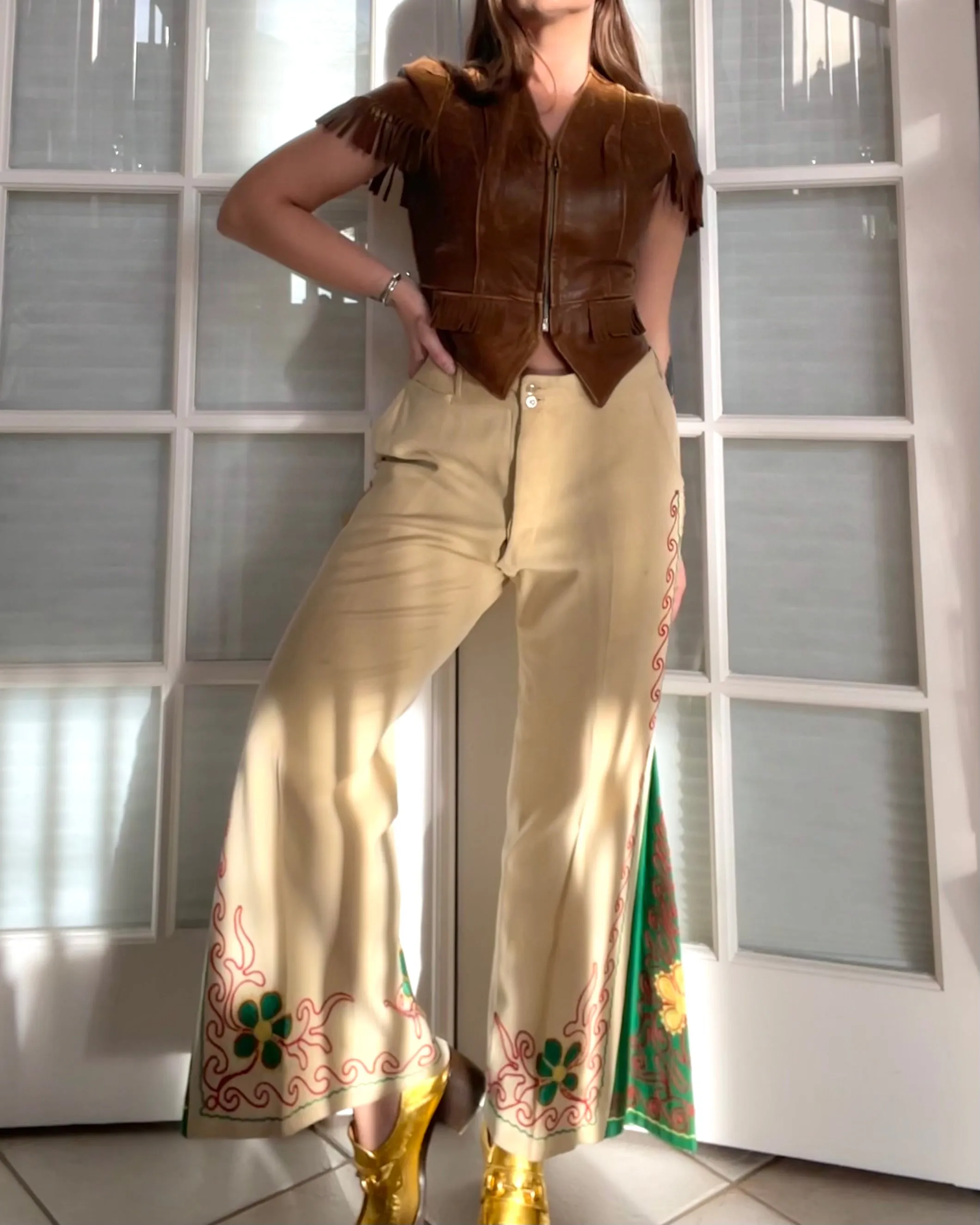 1930s Custom Made Floral Motif Chain Stitched Kick Flare Wool Pants