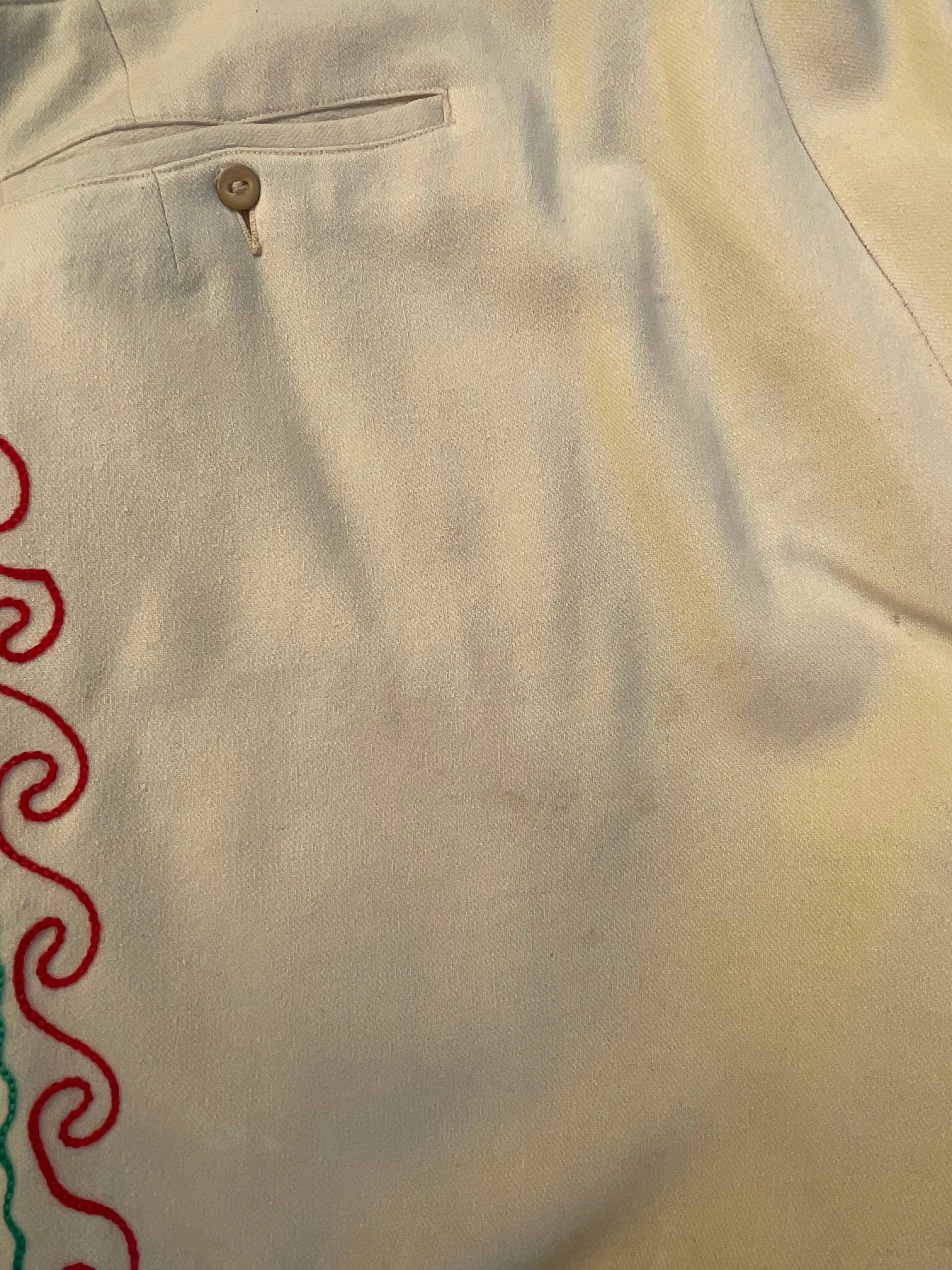 1930s Custom Made Floral Motif Chain Stitched Kick Flare Wool Pants