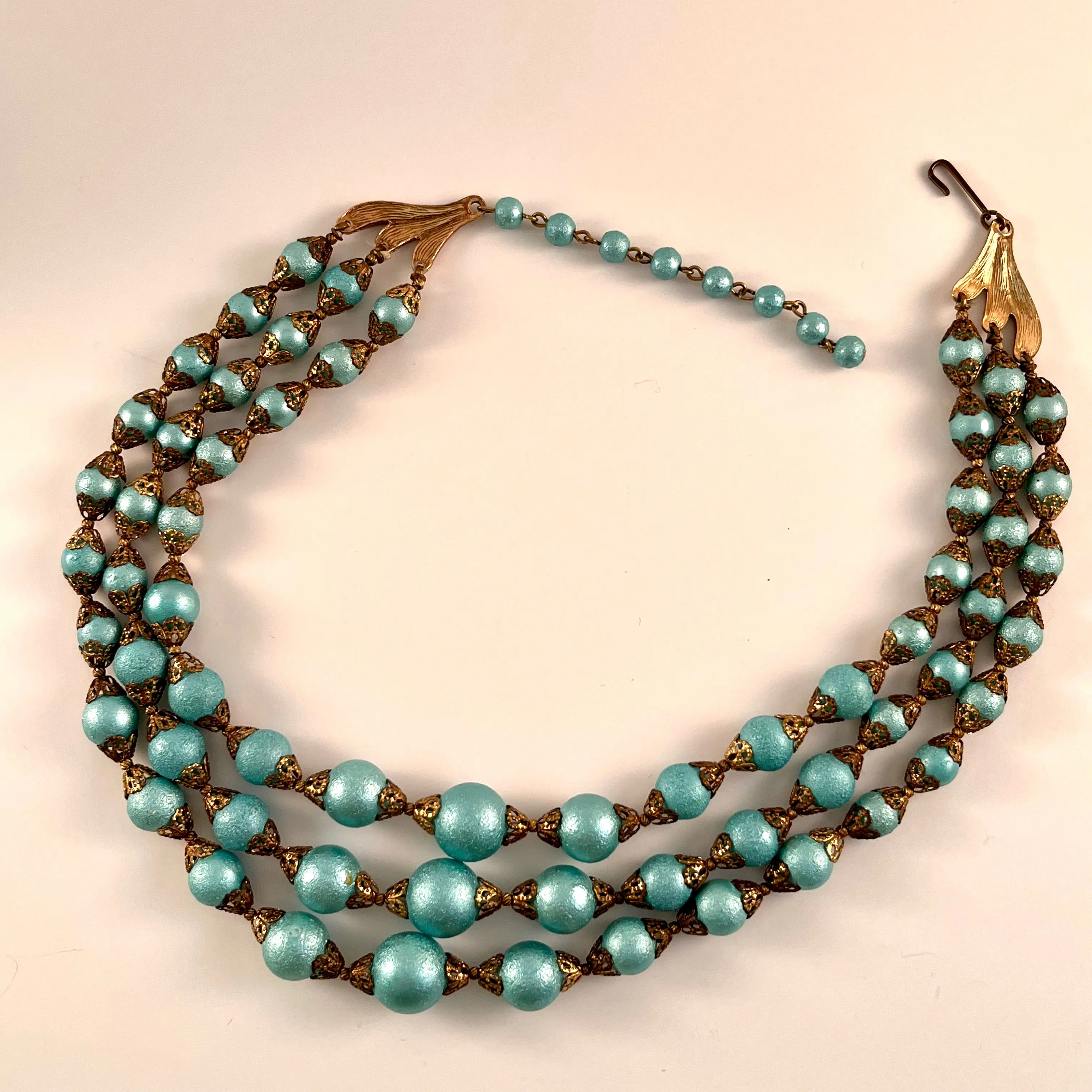 1960s Three Strand Aqua Bead Necklace