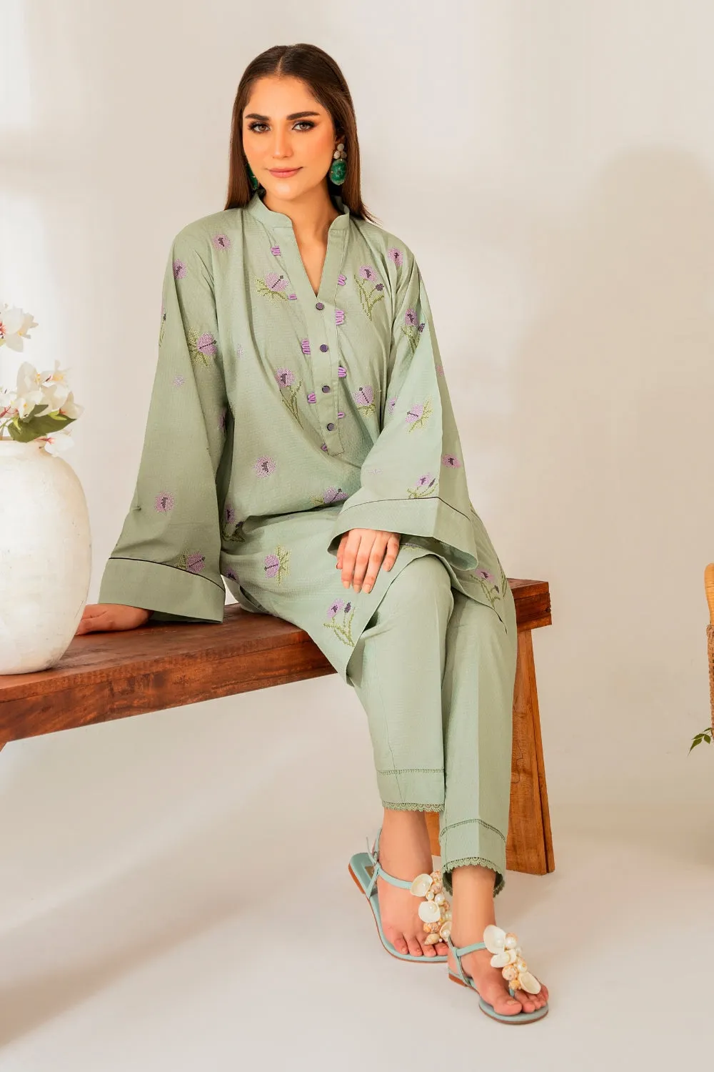 2PC Stitched | Embroidered Cotton Shirt   Trouser
