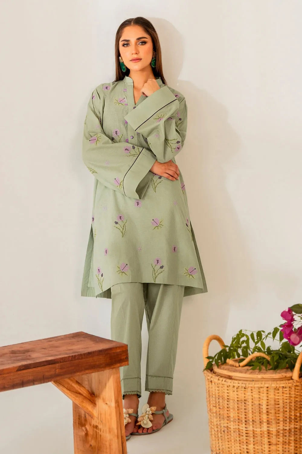 2PC Stitched | Embroidered Cotton Shirt   Trouser