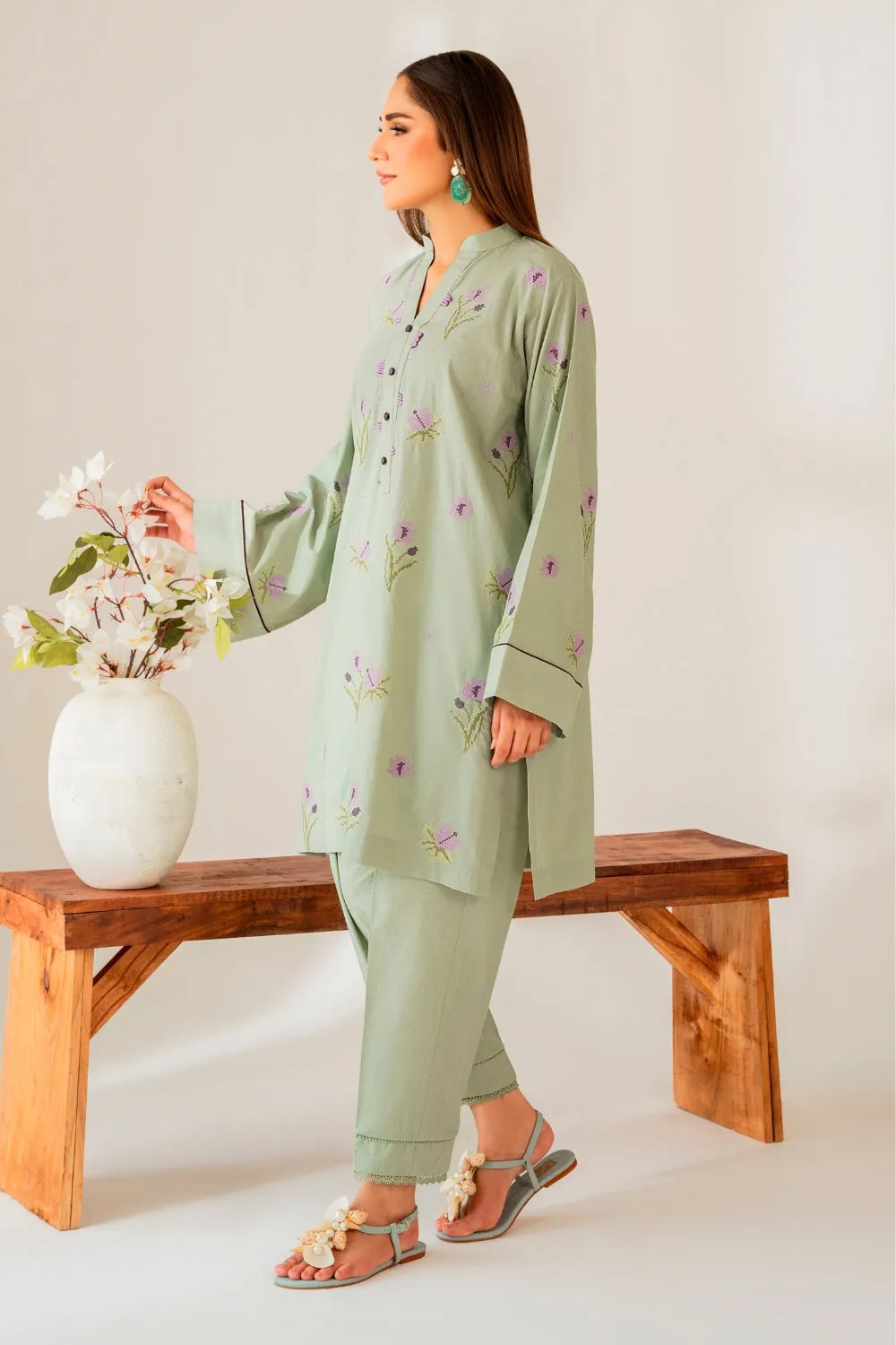 2PC Stitched | Embroidered Cotton Shirt   Trouser