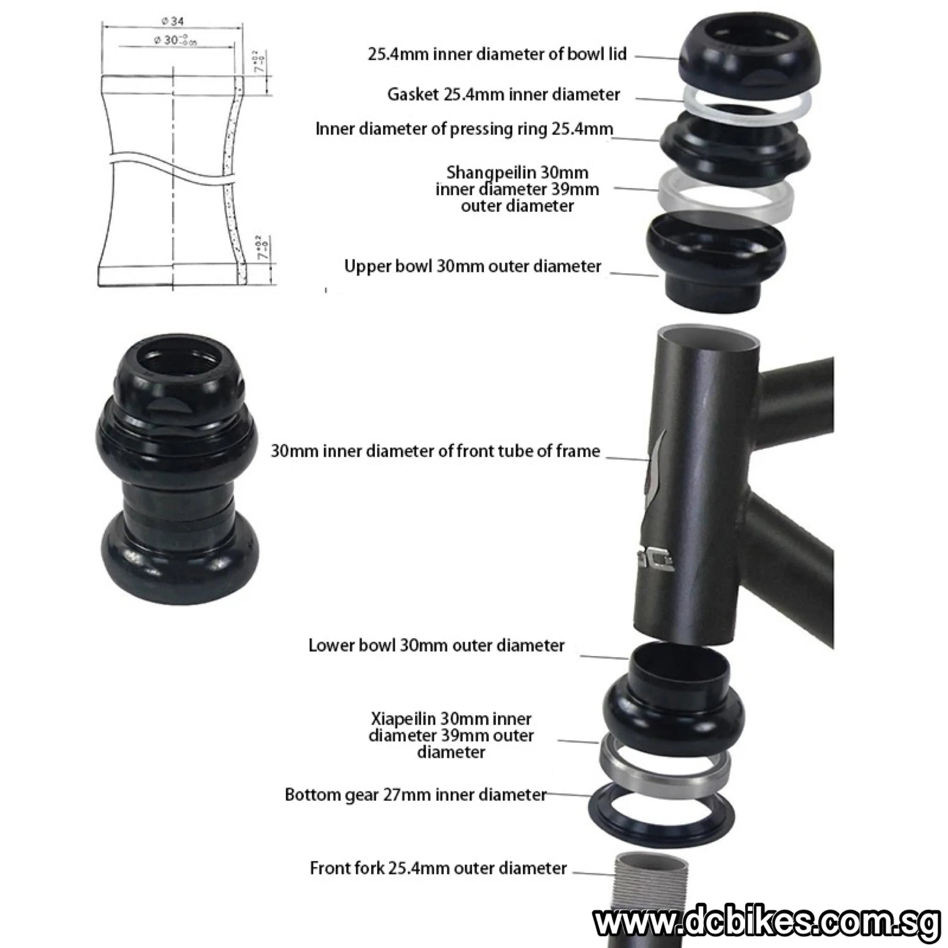 30mm Threaded 1" Inch Sealed Bearing Black Chrome Silver Headset EC30/25.4 | EC30/27 (26.4)