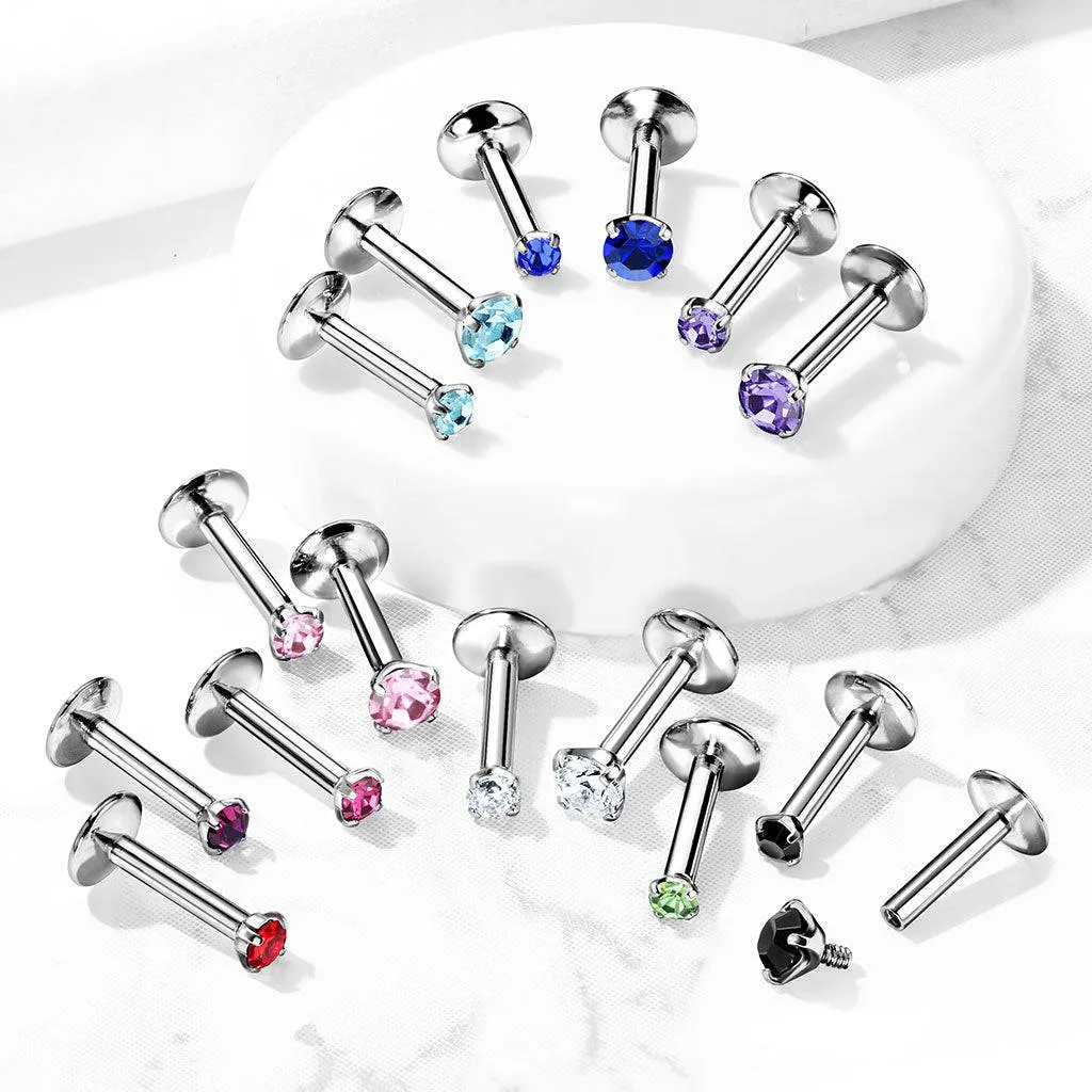 316L Surgical Steel Internally Threaded Aqua Circle Prong CZ Flat Back Labret Stud