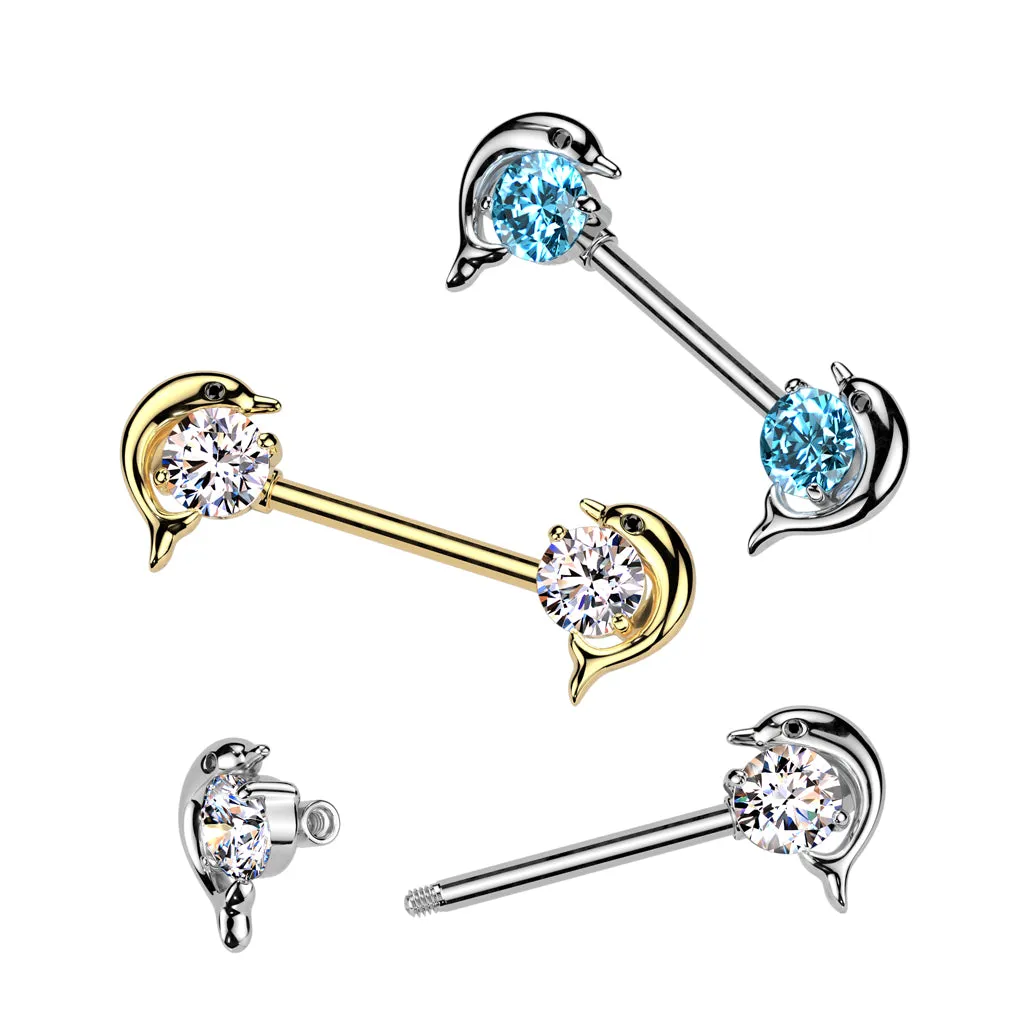 316L Surgical Steel White CZ Dolphin Nipple Ring Straight Barbell