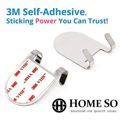 3M Adhesive All-Purpose Hooks by HOME SO - Heavy Duty Hook Hanger Sticks Anywhere - Holds Anything, Towels, Keys, Coats, Loofahs, Wreath, Jacket, Hat, Clothing - Pack of 4 (Stainless Steel Chrome)