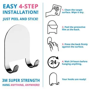 3M Adhesive All-Purpose Hooks by HOME SO - Heavy Duty Hook Hanger Sticks Anywhere - Holds Anything, Towels, Keys, Coats, Loofahs, Wreath, Jacket, Hat, Clothing - Pack of 4 (Stainless Steel Chrome)
