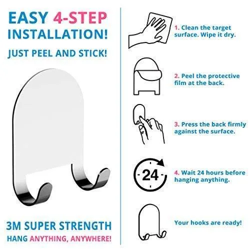 3M Adhesive All-Purpose Hooks by HOME SO - Heavy Duty Hook Hanger Sticks Anywhere - Holds Anything, Towels, Keys, Coats, Loofahs, Wreath, Jacket, Hat, Clothing - Pack of 4 (Stainless Steel Chrome)